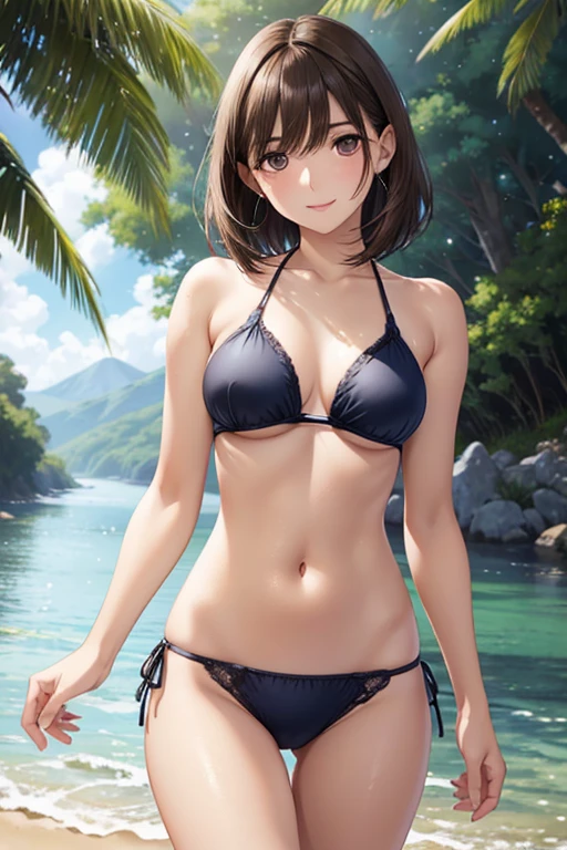 masterpiece, ultra high quality CG, best quality, perfect picture, solo, Duvalie (brown hair with braided buns, green eyes, bustier, cute, small breasts), sexy black and red bikini, at the seashore, summer day, wet, sweat, blushing, arms up, armpits, looking at viwer,