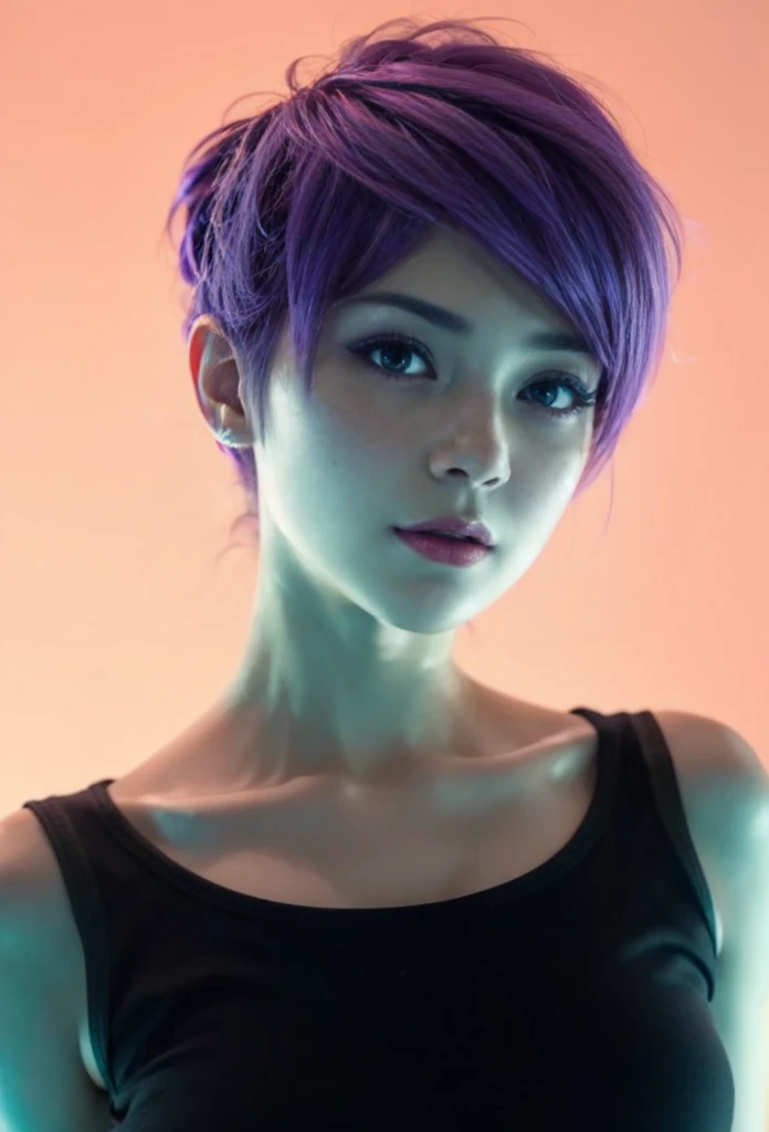 Ayane, purple hair, (best quality, ultra-detailed), (realistic:1.37), beautiful and detailed face, ultra-realistic texture, delicate face, delicate body, red lipstick, long-lasting colors. high definition, 8K. expression with a sexy look