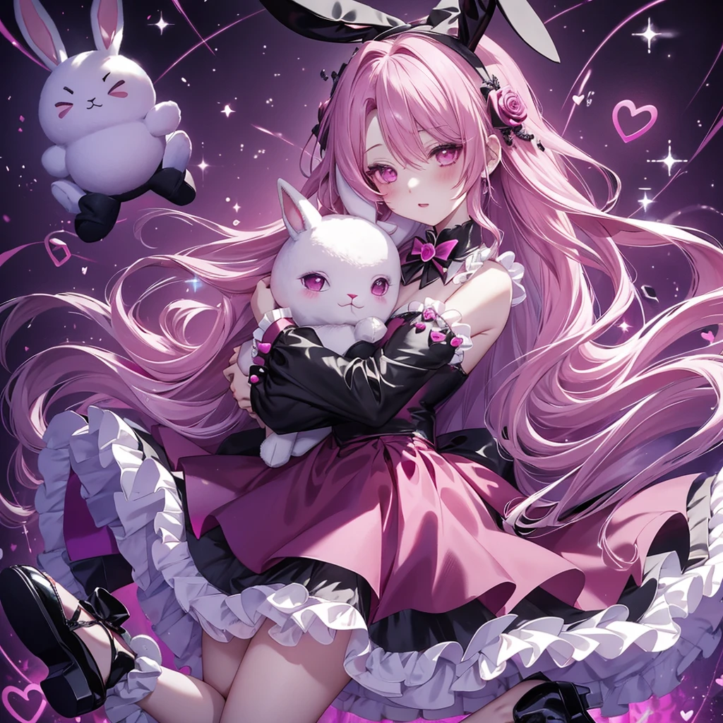 Handsome face、Chibi、Magenta Background、Black clothes、Long sleeves with flared cuffs、Shoulders are exposed、One-piece flared skirt、A rabbit holding a stuffed toy in one hand、Black and magenta palette、Gothic Shoes、Front facing、Black Rose、🌙、Perfect Anatomy、heart、