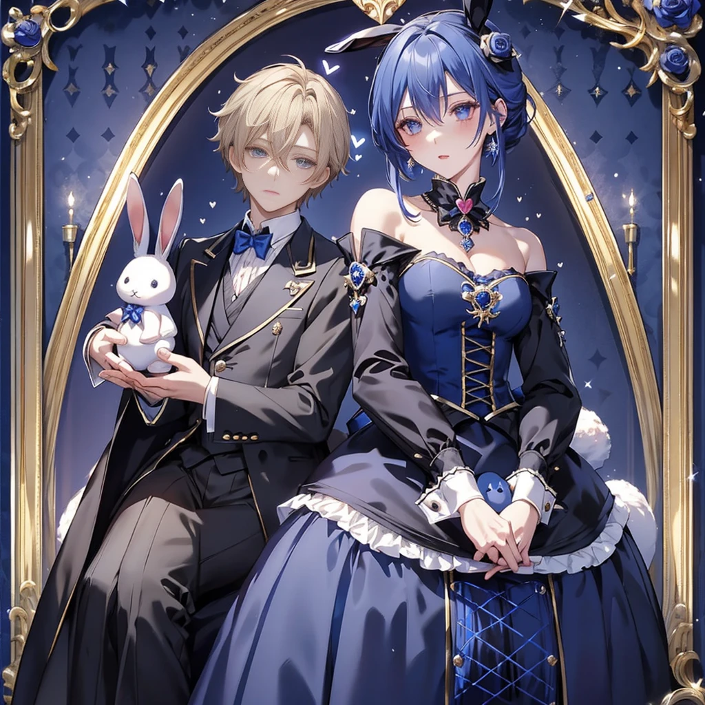 Handsome face、Chibi、royal blue background、Black clothes、Long sleeves with flared cuffs、Shoulders are exposed、One-piece flared skirt、A rabbit holding a stuffed toy in one hand、Black and royal blue palette、Gothic Shoes、Front facing、Black Rose、🌙、Perfect Anatomy、heart、