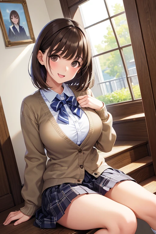 (masterpiece:1.3, top-quality, ultra high res, ultra detailed), (realistic, photorealistic:1.4), beautiful illustration, perfect lighting, natural lighting, colorful, depth of fields, nsfw, 
beautiful detailed hair, beautiful detailed face, beautiful detailed eyes, beautiful clavicle, beautiful body, beautiful chest, beautiful thigh, beautiful legs, beautiful fingers, shiny skin, babyface, 
looking at viewer, cowboy shot, front view, 1 girl, high school girl, (perfect anatomy, anatomically correct, super detailed skin), cute and symmetrical face, perfect face, perfect eyes, 
(long hair:1.8, straight hair:1.7, blond hair), asymmetrical bangs, purple eyes, (large breasts:1.1, thick thighs), 
((light blue collared shirts, navy pleated mini skirt, socks, navy tie, light brown cardigan, thigh-highs)), pink panties, 
(beautiful scenery), evening, (school classroom:1.2, curtains), walking, hands between legs, vibrator in thighhighs, (lovely smile, upper eyes), 