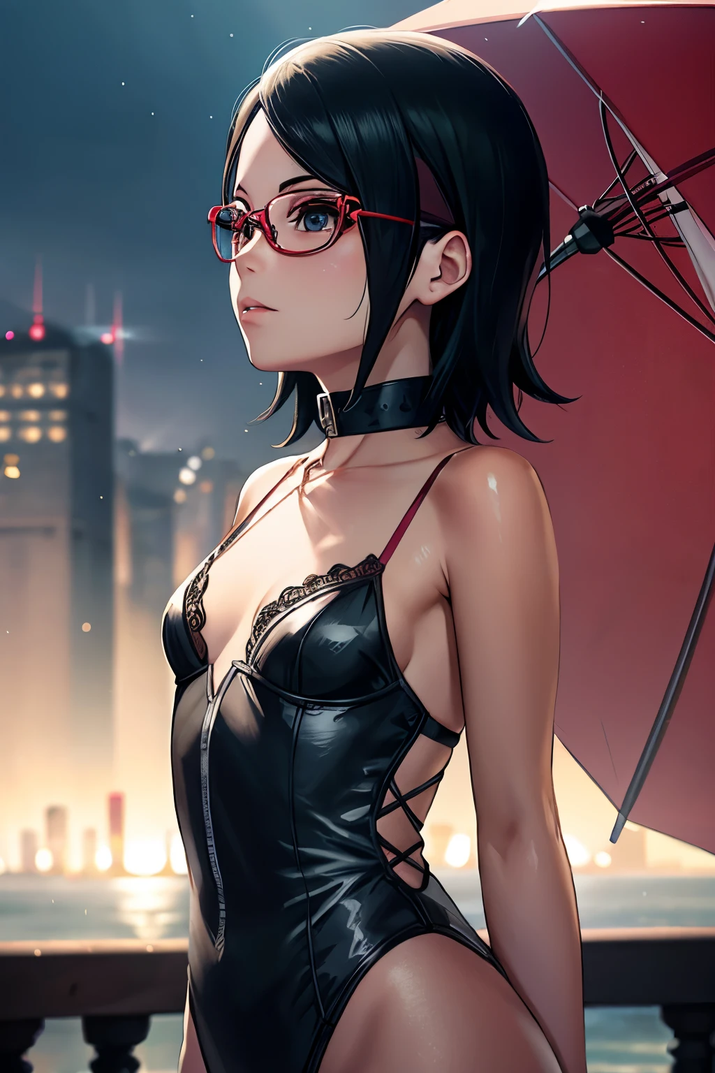 Sarada Uchiha ((average, , small head)), (perfect body: 1.1), (short wavy hair: 1.2), silky black , collar, current, full body in frame, crowded city, luxurious sheer silk lingerie ), (Very elaborate CG 8K wallpaper), (very delicate and beautiful), (masterpiece), (best quality): 1.0), (ULTRA HIGH DEFINITION: 1.0), beautiful lighting, Perfect lightning, realistic shadowshigh resolution, detailed skin, super detail ((colorful)), not
