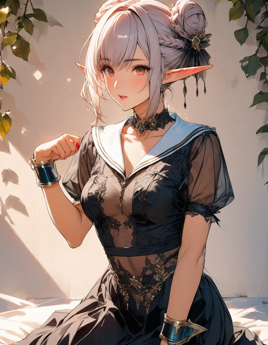 art by Cornflower, dreamy, full body
(1girl, ass, back, bangs, bare_arms, bare_legs, bare_shoulders, barefoot, black_skirt, breasts, brick_wall, bush, day, feet, flower, garden, grass, hair_between_eyes, hair_ornament, ivy, kokkoro_\(princess_connect!\), leaf, looking_at_viewer, looking_back, medium_breasts, miniskirt, open_mouth, outdoors, pavement, plant, pointy_ears, potted_plant, purple_eyes, short_hair, shoulder_blades, sideboob, silver_hair, skirt, soles, solo, squatting, stone_floor, toes, vines, wall, white_hair)