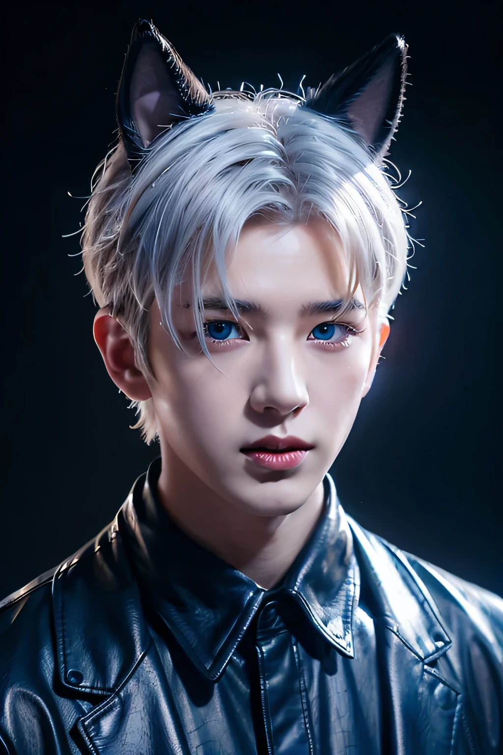 (Professional lighting and shadows、silhouette:1.2)、1 male、8Ｋ、Best Quality、masterpiece、(head shot:1.23)、(Simple Background)、(Dog ears:1.3)、Short Hair、White Hair、(Realistic skin texture:1.1)、(devil、Bad boy、blue eyes、Black Lips)、Black leather clothing