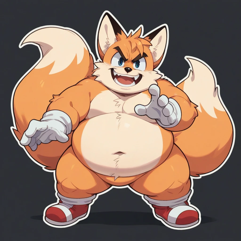 obese, gluttonous fox, angry, Fat Tails Miles Prowers, solo, looking at viewer, smile, simple background, 1boy, standing, full body, two tails, white gloves, red shoes, male focus, black background, outline, furry male, fox boy