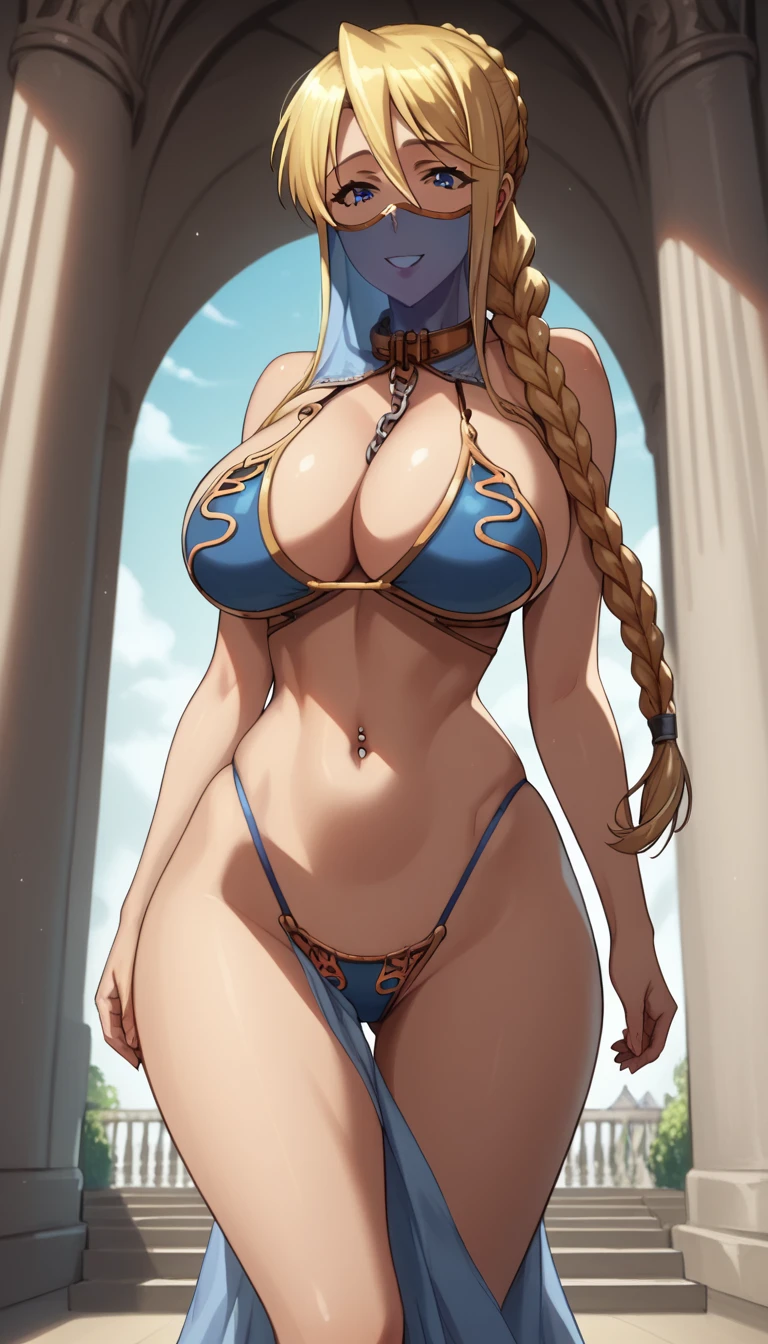 Shizuka Marikawa, blonde, long hair, score_9, score_8_up, score_7_up, source_anime, best quality, solo, clear face, huge breasts, perfect body, looking at viewer, slave, blue slave bikini, palace, standing, dynamic angle, blue high leg thong, from behind, big ass, wide hips, navel piercing, blue pelvic curtain, braided ponytail, blue mouth veil, smiling