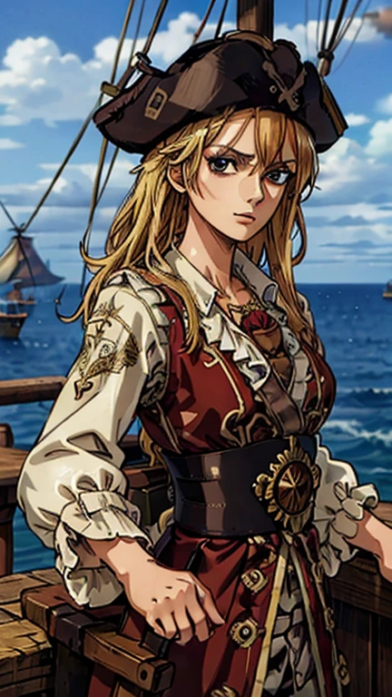 (1girl, Swann), (extremely detailed CG unit 8k wallpaper),(master part), (best quality), (ultra detail), (best illustration),(One Piece Style), cowboy shot, (Sharp eyeliner, ombre, detailed eyes:1), ship's deck background, break , upper body, solo, 