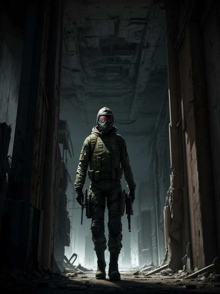 An ultra-sharp, high-definition scene from **Half-Life 2**, featuring **Gordon Freeman** wearing the iconic **Hazard Suit**, a full-body hazardous materials suit from **Black Mesa**. He is holding **Croat's foot** firmly, his stance determined. Surrounding him are **four soldiers**, dressed in **white hooded outfits** with **gas masks**, each armed with **rifles or shotguns**. The scene takes place in a **post-apocalyptic city**, heavily damaged by **nuclear war**, with a **massive nuclear reactor** towering in the background. **Blue chemical waste** is seen spilling across the **ruined streets**, adding a toxic and hazardous feel. The **Russian flag** and **radiation symbols** are present, symbolizing a world ravaged by disaster. The focus of the image is on **Gordon Freeman's face**, revealing a **middle-aged man** with a **full beard** and **scientist-style glasses**, all rendered in ultra-sharp detail. The entire scene captures the **grim dystopian atmosphere** of **Half-Life 2**. **(Half-Life 2, Gordon Freeman, Hazard Suit, Croat's foot, soldiers, gas masks, nuclear reactor, blue chemical spill, post-apocalyptic city, nuclear waste, Russian flag, extreme detail, ultra-sharp, HD, ultra clarity, scientific look, iconic game uniform) poakl, More Detail**