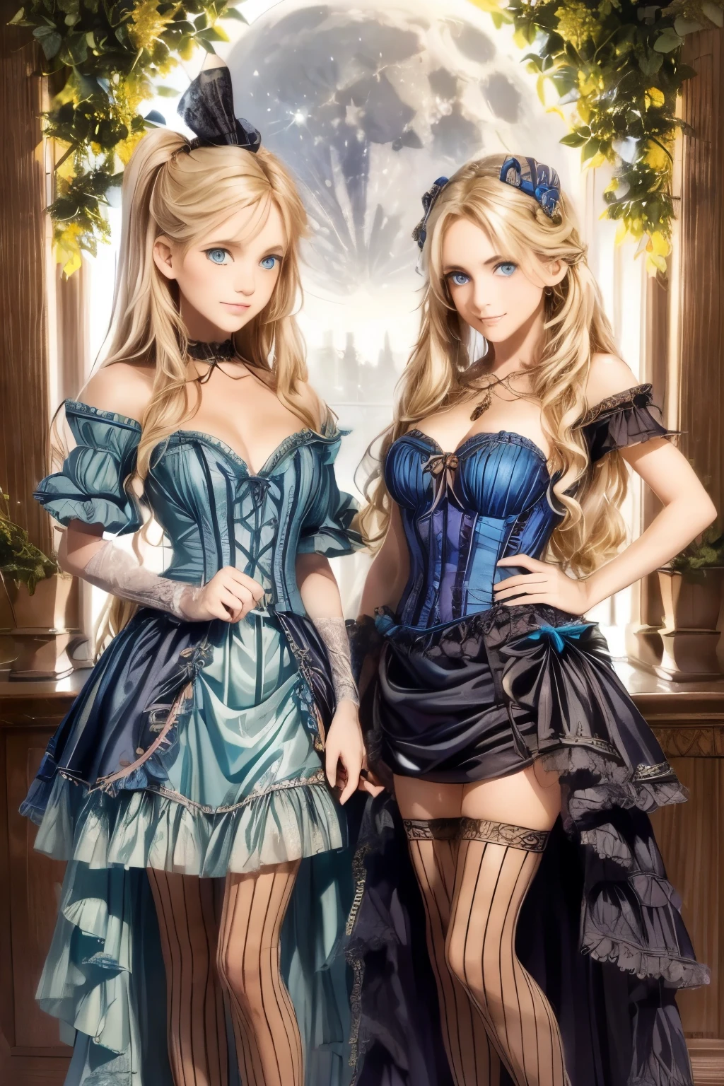 two girls, night, moon, starry sky, (masterpiece、highest quality、highest quality、Official Art、Beautiful and beautiful:1.2)、(One girl:1.3)Hatsune Miku、Twin tails,Beautiful breasts,wide angle, detailed reproduction of a forest surrounded by fog up to a height of one meter. clear starry sky with a big full moon, bare trees, winter, two girls, (Virginia Otis, (blond hair, blue eyes)) pose with ( Georgie Gerald (blond hair, green eyes)). Victorian style. thin, cute face, walks at night in Canterville Castle (inspired by the novel The Canterville Ghost). aged 1887, Victorian fantasy