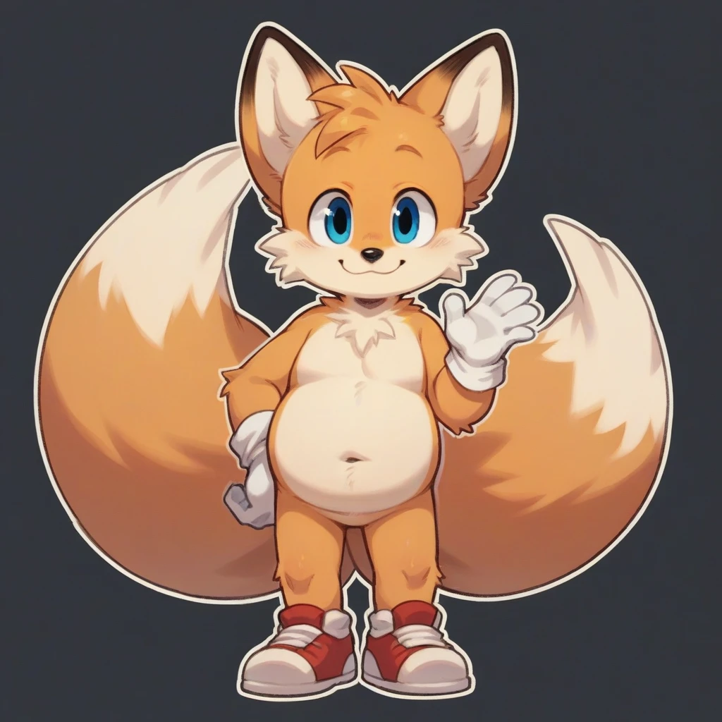 fat, gluttonous fox, Fat Tails Miles Prowers, solo, looking at viewer, smile, cute, blue eyes, simple background, 1boy, standing, full body, two tails, white gloves, red shoes, male focus, black background, outline, furry male, fox boy, white background