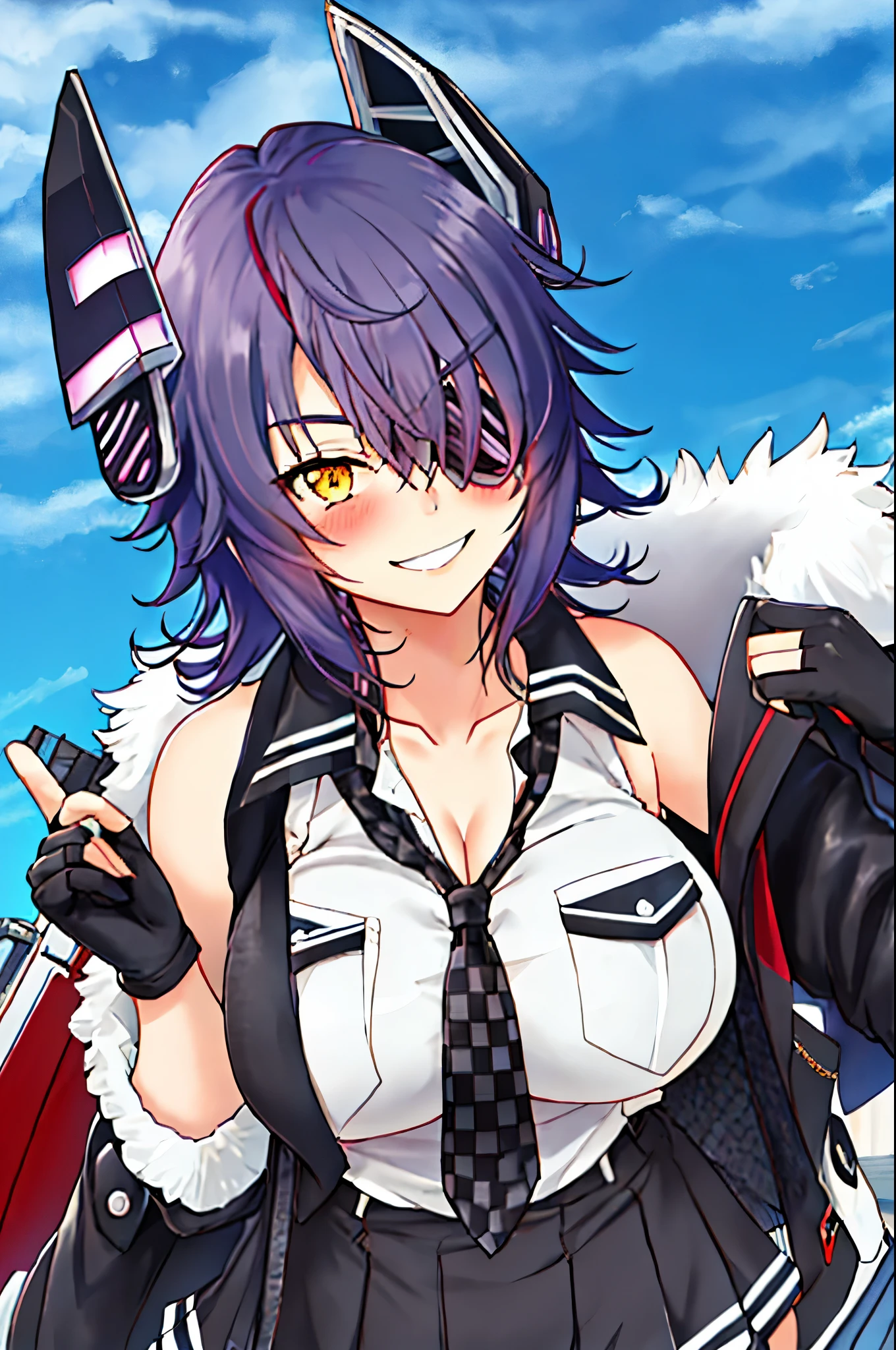 best quality, masterpiece, solo, {tenryuu_kantaicollection:1.15}, teen_girl, eyepatch, short_hair, purple_hair, yellow_eyes, headgear, breasts, necktie, big_breasts, smile, 1girl, blush, checkered_necktie, hair_over_one_eye, shirt, portrait, white_shirt, jacket, sleeveless, fur-trimmed_jacket, fur_trim, collarbone, looking_at_viewer, pocket, breast_pocket, messy_hair, black_gloves, gloves, partially_fingerless_gloves,harbor_road_landscape_background,outdoor,nihl, cleavage,solo