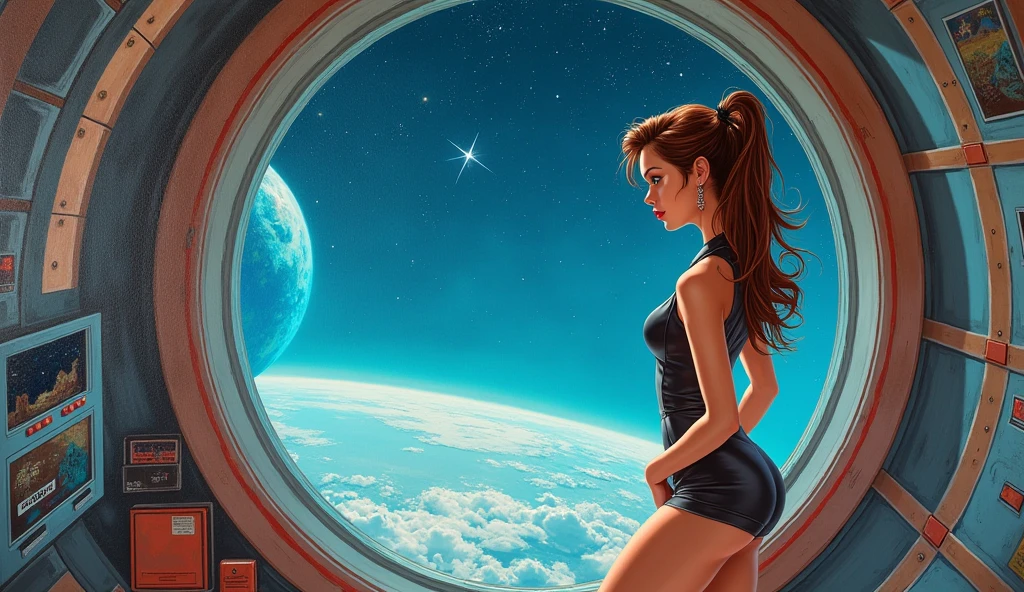 female lesbian astronaut in her bedroom of a spaceship, looking out at the darkness of space, a nebula visible through the bedroom window. She is naked, with her back to us. 2d anime art style. Another naked female lying behind her on the bed.