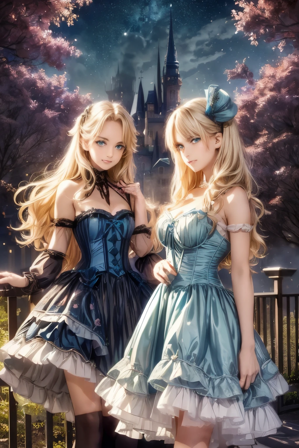 two girls, night, moon, starry sky, (masterpiece、highest quality、highest quality、Official Art、Beautiful and beautiful:1.2)、(One girl:1.3)Hatsune Miku、Twin tails,Beautiful breasts,wide angle, detailed reproduction of a forest surrounded by fog up to a height of one meter. clear starry sky with a big full moon, bare trees, winter, two girls, (Virginia Otis,  (blond hair, blue eyes)) pose with ( Georgie Gerald (blond hair, green eyes)). Victorian style. thin, cute face, walks at night in Canterville Castle (inspired by the novel The Canterville Ghost). aged 1887, Victorian fantasy
