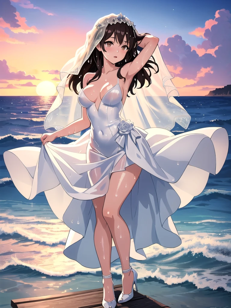 (masterpiece, best quality:1.2), illustration, anime, (wide shot), 1 girl, (armpits , short light underarm hair) , long dark hair, dark brown eyes, pretty lips, beautiful faces, beautiful eyes, wet body, wet hair,white high heel, wet sheer white wedding dress, veil, nipple bump, back lighting, standing on pier, (ocean, glittering water surface), waves, scenery summer pier background, vibrant color, bright sunset, 8K, ultra HD