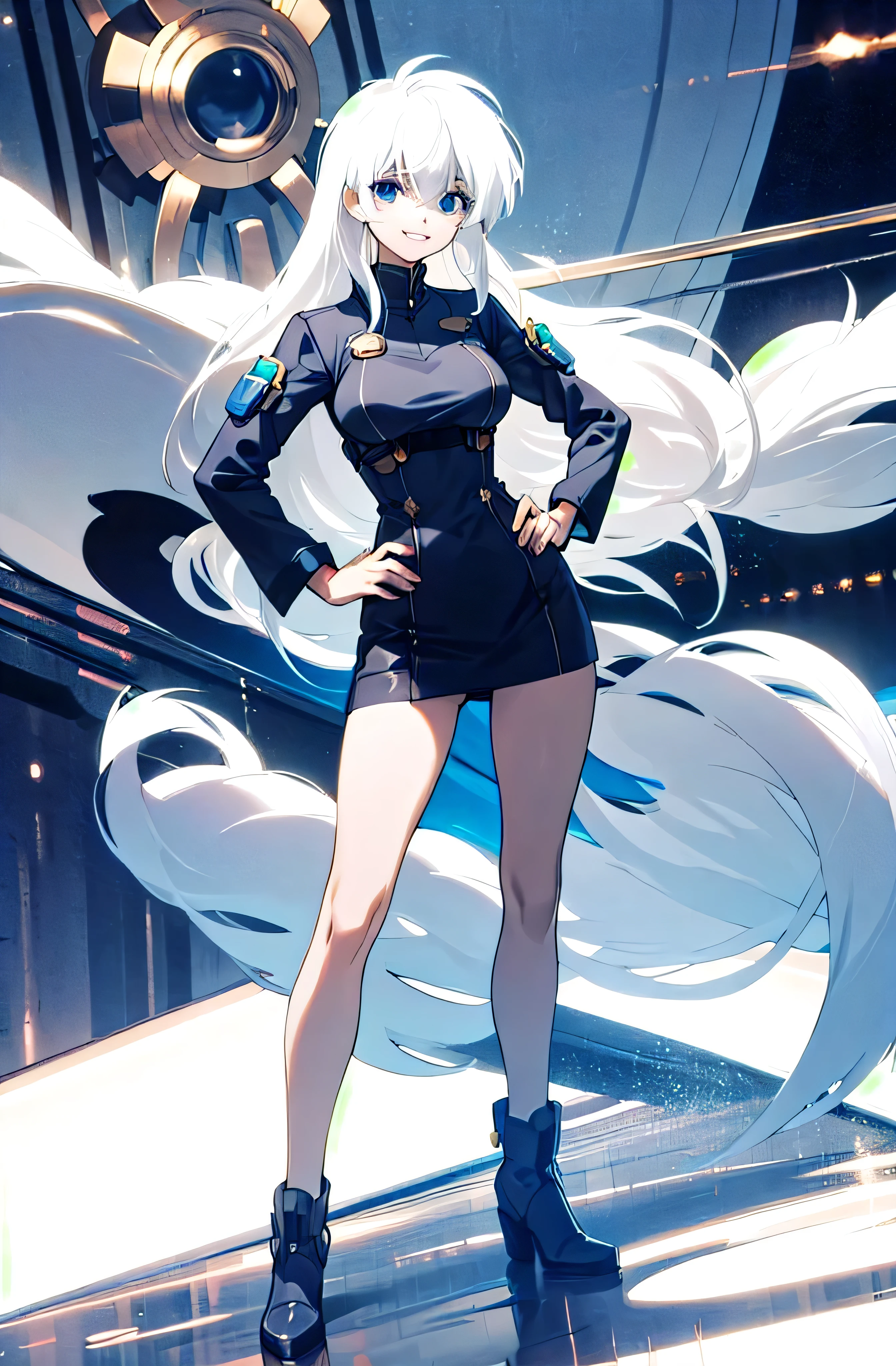 1girl, solo, long hair, smile, breasts, bangs, white hair, hair between eyes, blue eyes, full body, hand on hips
