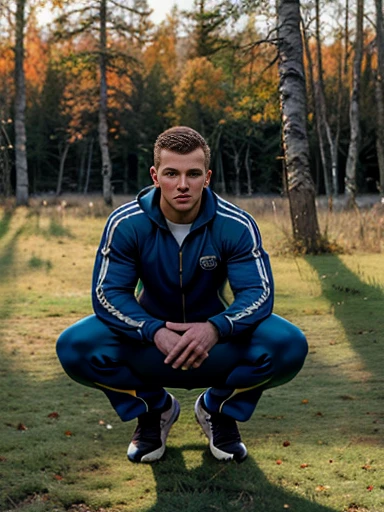 Cinematic photography a European male (sport tracksuit), squatting, athletic slim, meadow in a small birch forest, autumn, dynamic light i shadows.