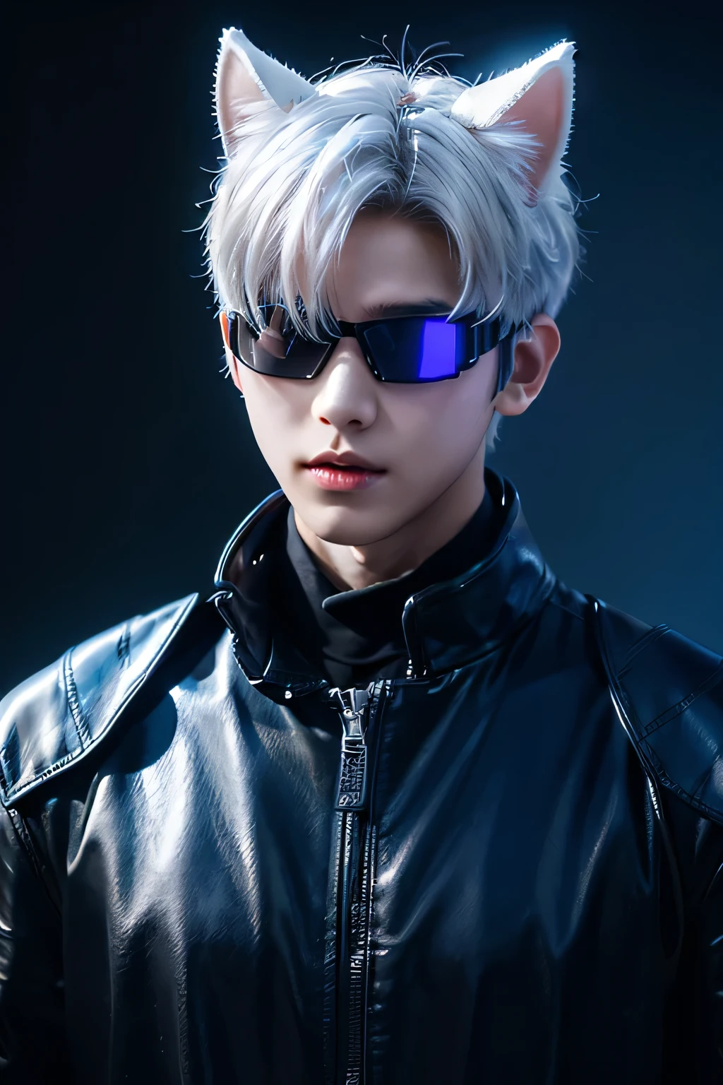 (Professional lighting and shadows、silhouette:1.2)、1 male、8Ｋ、Best Quality、masterpiece、(head shot:1.23)、(Simple Background)、(Dog ears:1.3)、Short Hair、White Hair、(Realistic skin texture:1.1)、(Wearing futuristic cyber goggles、Mirrored lens goggles)、Black leather clothing