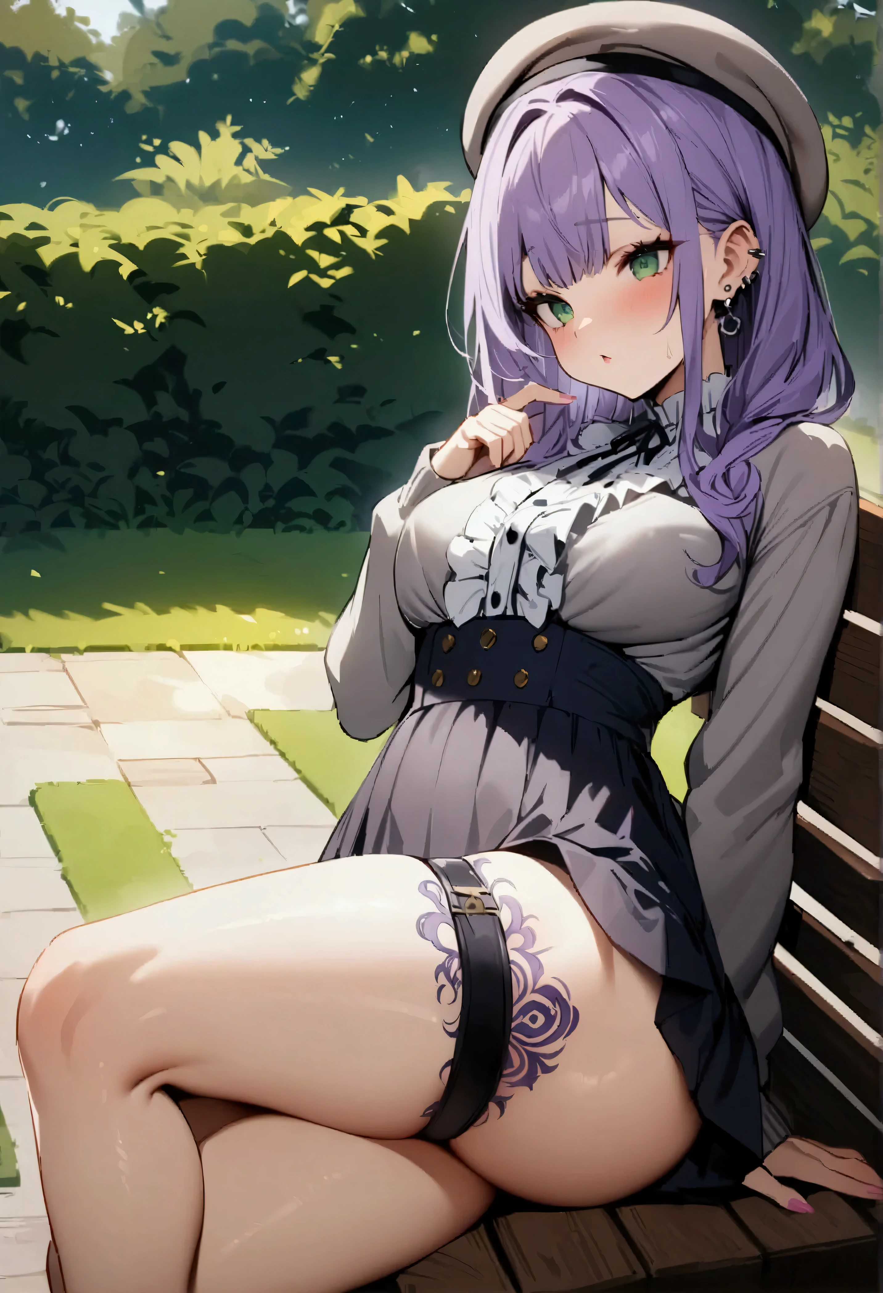 masutepiece, Best Quality, hight resolution, 1girl in, 独奏, kochou shinobu, Decorate your hair with butterflies, violet eyes, Multi-colored hair, Short hair, Parted bangs, Short shorts, Spread your legs apart, skirt by the, Turtleneck Top, outside of house, Erotica, Emphasis on the chest, Valley, black lace pants