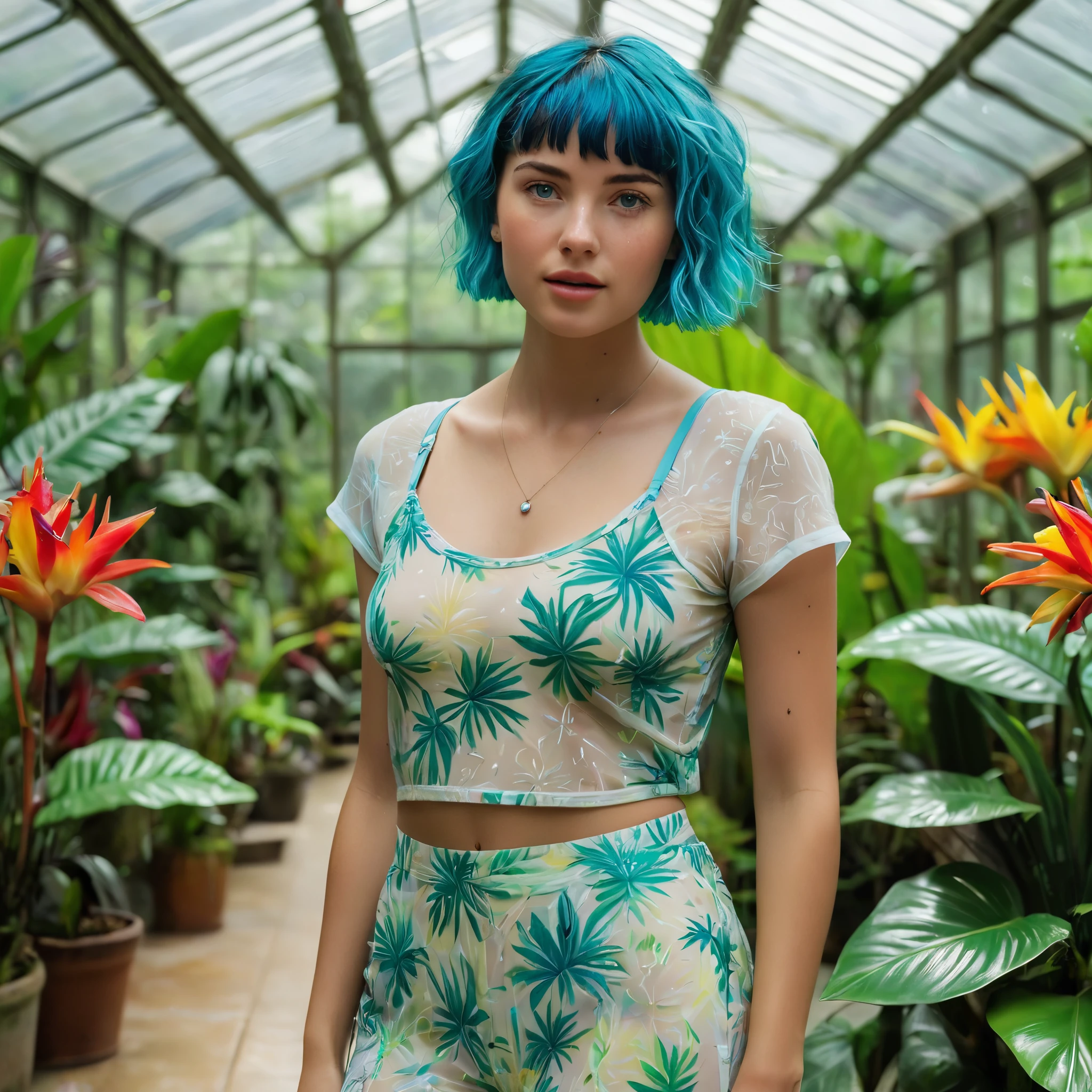 Woman, 20 years old, Nordic ethnicity, short blue hair, slight smile, perfect face with light freckles and blue-green eyes. She’s walking through a lush tropical greenhouse, surrounded by vibrant, exotic plants with large leaves and colorful flowers. The lighting is soft and ambient, with a natural, peaceful atmosphere. She’s dressed in a light, stylish outfit, suitable for the warm, humid environment. Her expression is relaxed and curious as she explores the dense greenery around her. The tropical house is filled with the sound of trickling water from a small fountain and the fresh scent of tropical plants. Best quality, ultra-detailed, 8k, photorealistic, masterpiece. ((Lush greenery, tropical plants, peaceful atmosphere)), (((Color palette - turquoise, neon green, yellow shades)))