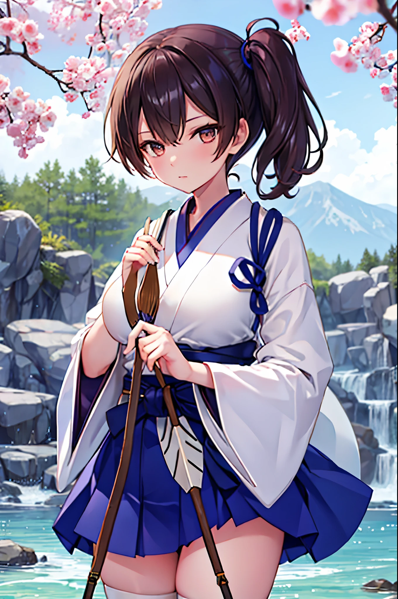 masterpiece, best quality, integrated scenery, integrated background, extremely delicate and beautiful, meticulous details, good composition, , cute face, perfect face, perfect hands ,Kaga(Fleet Collection),highest quality, masterpiece, High resolution,kimono,blue skirt,side ponytail,big_breasts,solo,Japanese_bow&arrow,dynamic_posing,half_eyes,solo,plump,