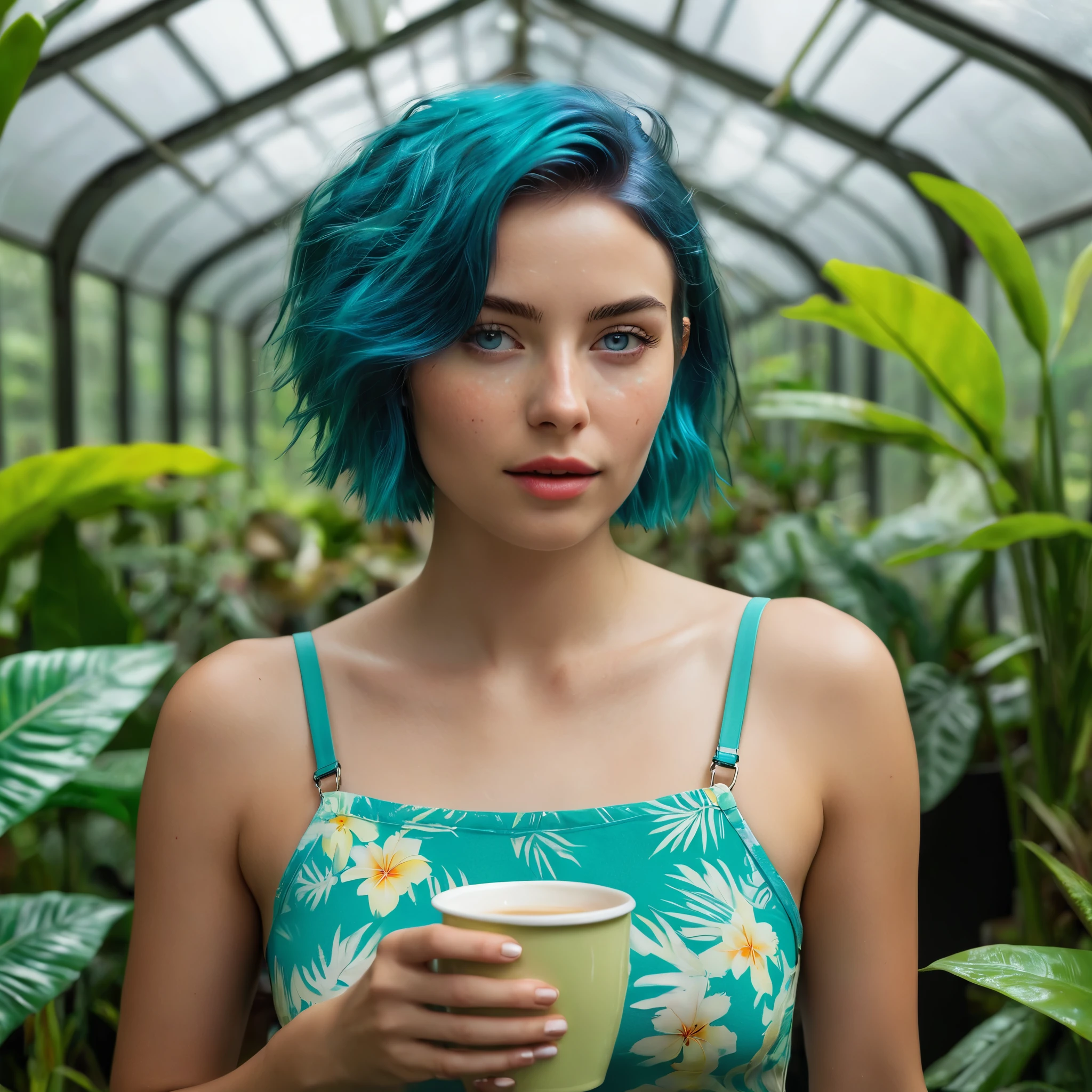 Woman, 20 years old, Nordic ethnicity, short blue hair, slight smile, perfect face with light freckles and blue-green eyes. She’s walking through a lush tropical greenhouse, surrounded by vibrant, exotic plants with large leaves and colorful flowers. In one hand, she’s holding a steaming cup of coffee, enjoying the tranquil environment. The lighting is soft and ambient, creating a calm and peaceful atmosphere. She’s dressed in a light, stylish outfit, suitable for the warm, humid environment. Her expression is relaxed as she explores the vibrant greenery and admires the natural beauty around her. Best quality, ultra-detailed, 8k, photorealistic, masterpiece. (((Color palette - turquoise, neon green, yellow shades)))