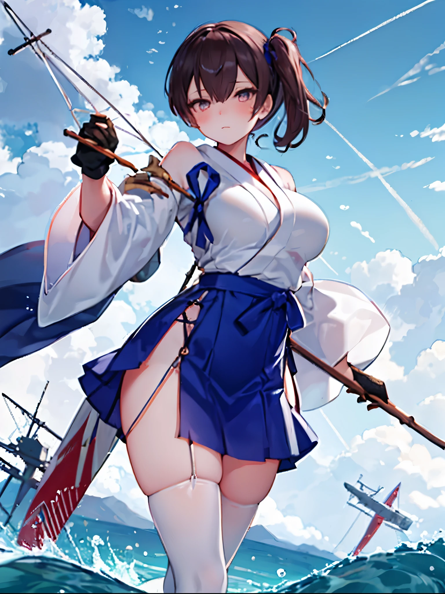 masterpiece, best quality, integrated scenery, integrated background, extremely delicate and beautiful, meticulous details, good composition, , cute face, perfect face, perfect hands ,Kaga(Fleet Collection),highest quality, masterpiece, High resolution,kimono,blue skirt,side ponytail,big_breasts,solo,Japanese_bow&arrow,dynamic_posing,half_eyes,solo,plump,sea_landscape_background,waves,thigh-highs,Japanese_sandals,aim_with_bow,