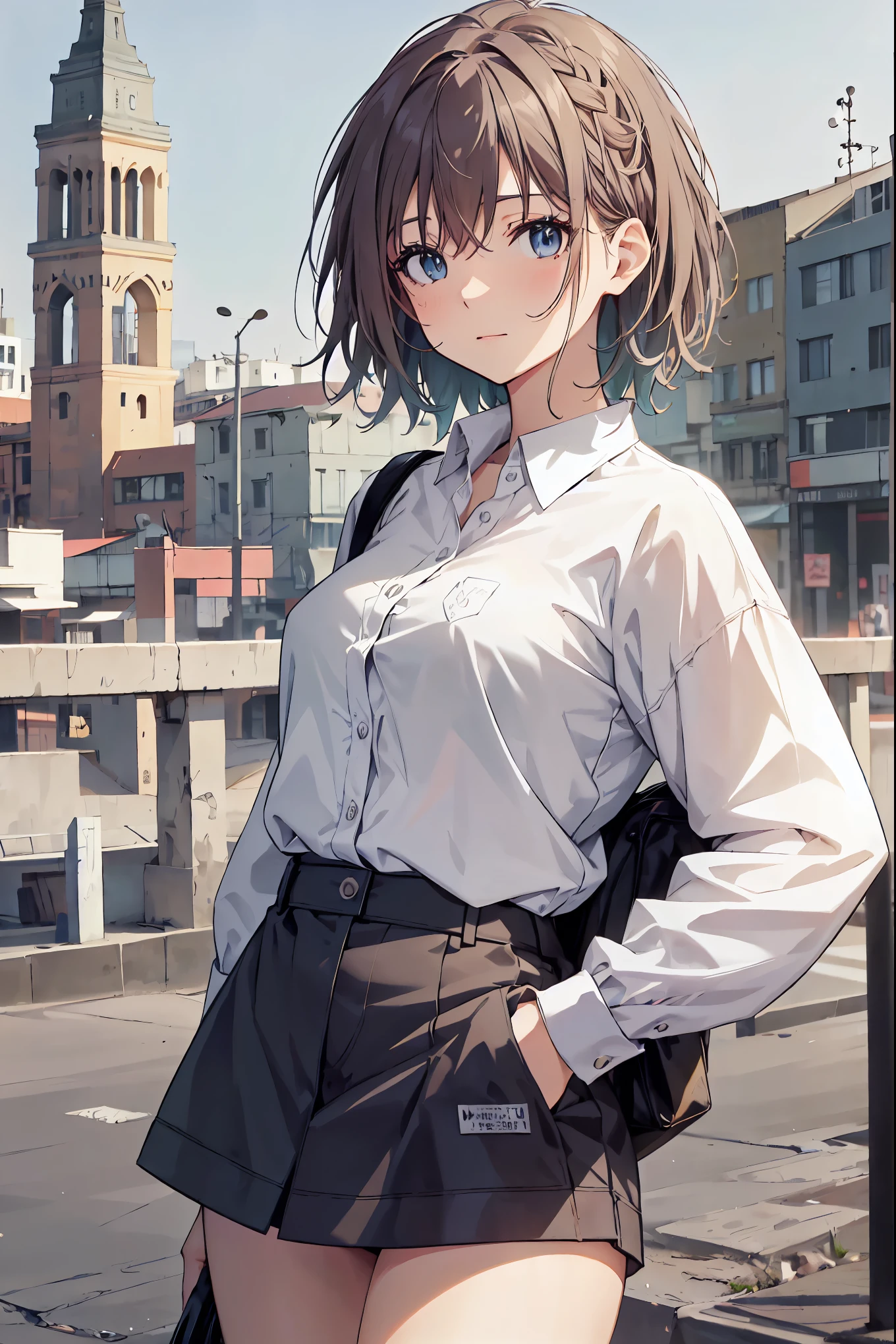Anime girl in short skirt and white shirt standing on a city street ...