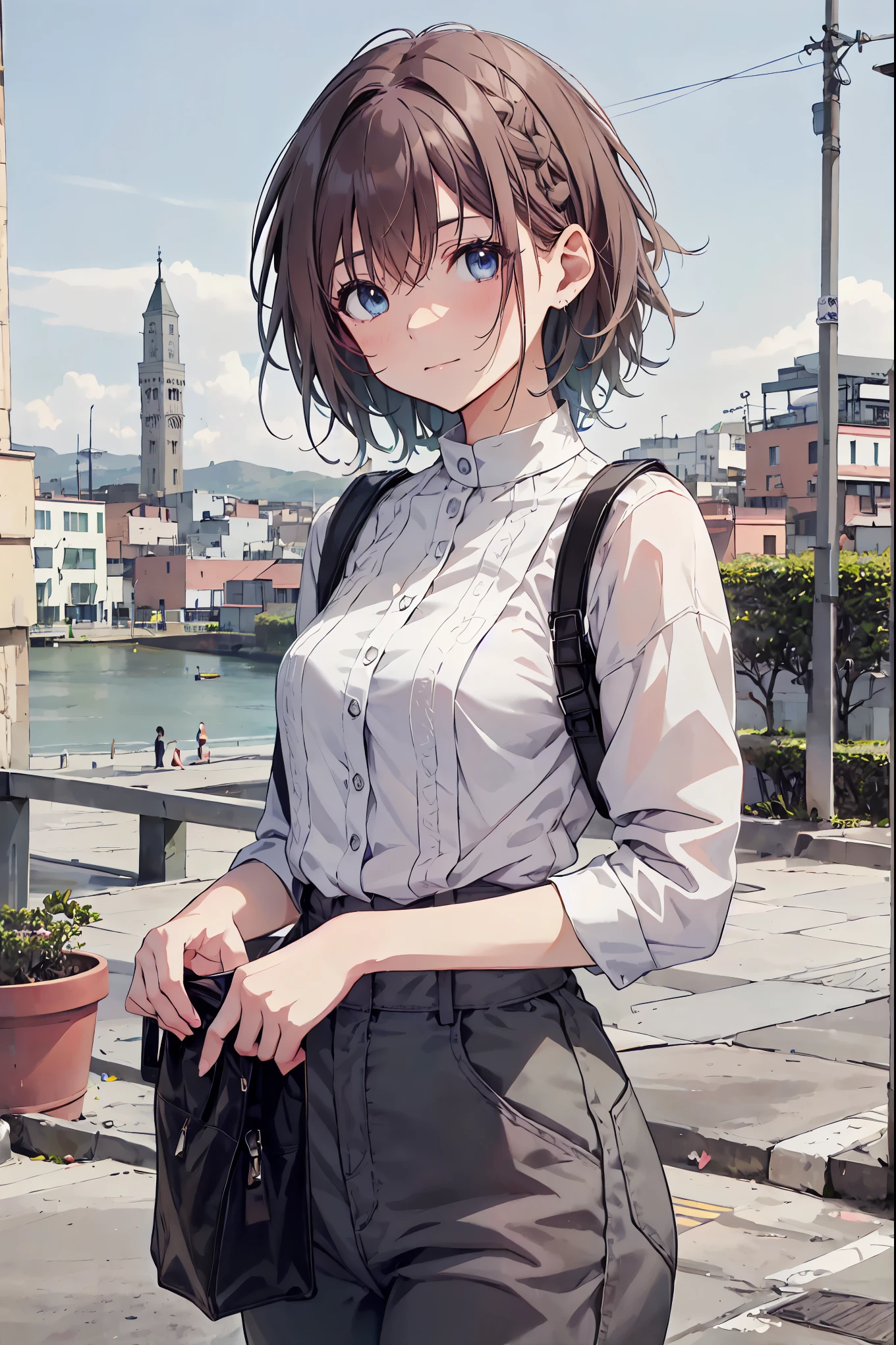 (masterpiece:1.3, Highest quality), (Realistic, photoRealistic:1.4), Beautiful illustrations, (Natural Side Lighting, Cinema Lighting),
Looking down, whole body, From below, 1 person, Japanese, (reception), 20-year-old, Perfect Face, (Perfect Anatomy), Cute and symmetrical face, Glowing Skin,
(short hair, Straight hair, Light brown hair), Hair between the eyes, Dark blue eyes, Hair Clip, Long eyelashes, (Medium chest, Captivating thighs, Big Ass),
Beautiful Hair, Beautiful Face, Beautiful attention to detail, Beautiful clavicle, Beautiful body, Beautiful breasts, Beautiful thighs, Beautiful feet, Beautiful fingers,
((Very detailed costume, ivory high-neck sweater, Black pleated skirt, tote bag)),
(Beautiful views), Depth of written boundary, Late Afternoon, (garden, distant cityscape, sitting garden bench), Have a phone, Drinking fountain, (Smile),