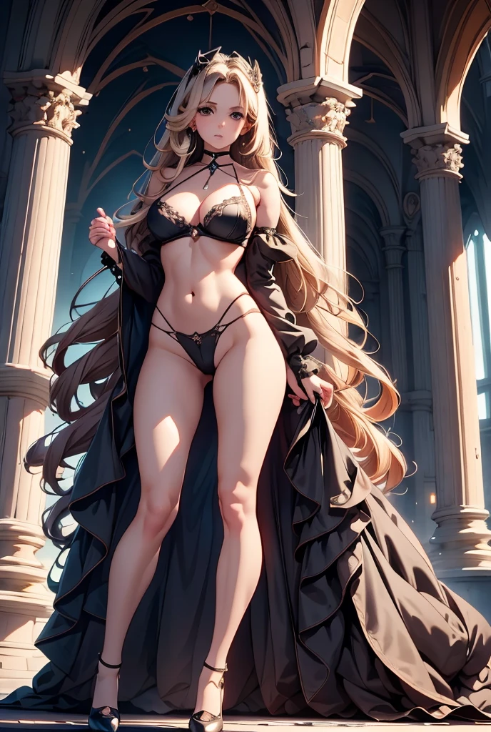 High Resolution, Master piece, Super detailed, Full Body display, Full body angle from head to shoes, Fantasy characters, 1 girl, Straight hair, Long blonde hair, Brown Eyes, Pretty face, High 170 cm., Weight 55 kg., Medium breasts, Perfect shape, Seductive thighs,  Black cothic lolita fashion, Chest covered, Choker, Bare legs, Bare groin, Black stockings, Black shoes, Holding a shot gun.