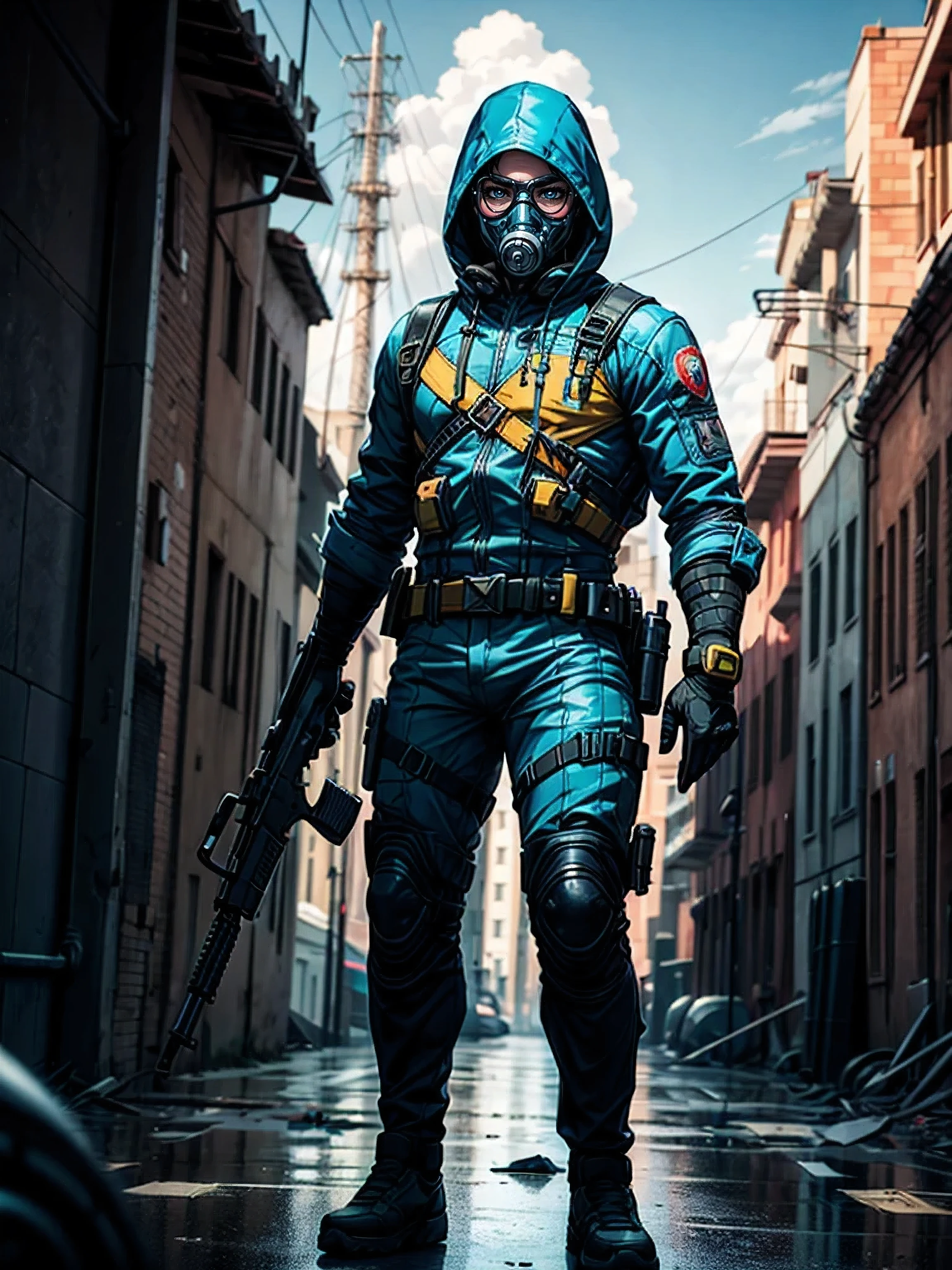 An ultra-sharp, high-definition scene from **Half-Life 2**, featuring **pivaarts** wearing the iconic **Hazard Suit**, a full-body hazardous materials suit from **Black Mesa**. He is holding **Croat's foot** firmly, his stance determined. Surrounding him are **four soldiers**, dressed in **white hooded outfits** with **gas masks**, each armed with **rifles or shotguns**. The scene takes place in a **post-apocalyptic city**, heavily damaged by **nuclear war**, with a **massive nuclear reactor** towering in the background. **Blue chemical waste** is seen spilling across the **ruined streets**, adding a toxic and hazardous feel. The **Russian flag** and **radiation symbols** are present, symbolizing a world ravaged by disaster. The focus of the image is on **pivaarts face**, revealing a **middle-aged man** with a **full beard** and **scientist-style glasses**, all rendered in ultra-sharp detail. The entire scene captures the **grim dystopian atmosphere** of **Half-Life 2**. **(Half-Life 2, pivaarts, Hazard Suit, Croat's foot, soldiers, gas masks, nuclear reactor, blue chemical spill, post-apocalyptic city, nuclear waste, Russian flag, extreme detail, ultra-sharp, HD, ultra clarity, scientific look, iconic game uniform) poakl, More Detail**