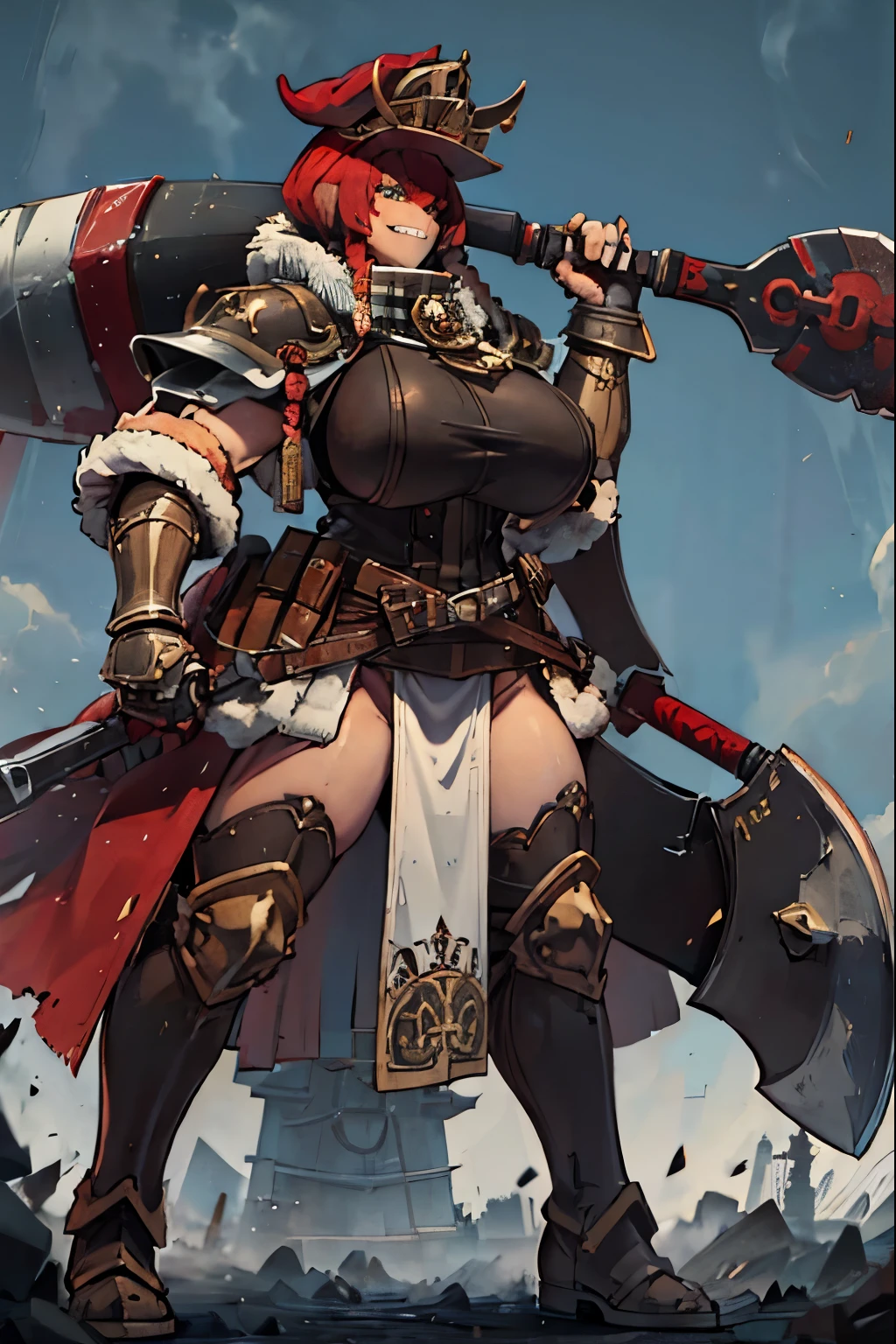 Ultra-detailed, Best Quality,Red Hair,(Giant Battle Axe:1.5),Fur coat,Carry a weapon,Fur hat,One Mature Woman,Rabbit motif head ornament,Arms crossed,Knight,Two big thick braids,Leotard inner,Gauntlet,Furry boots,leather armor,Rugged belt,Golden Eyes,conqueror,muscle,Huge,Grinning,Jagged teeth,