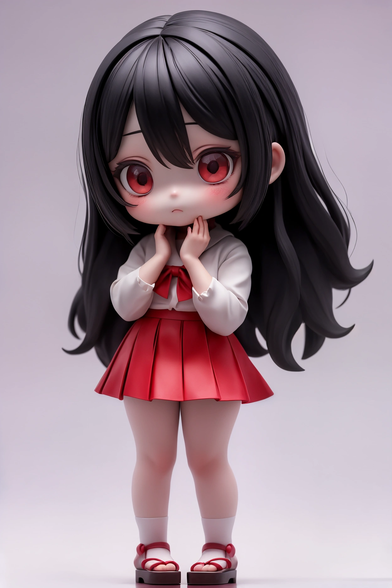 "A full-body illustration of Hanako-san, a ghost that appears in Japanese urban legends. Hanako-san is depicted as a black-haired girl wearing a white blouse and a slightly short red skirt. Hanako-san appears in the school toilet, standing in front of a stall with a slightly creepy and mysterious expression. The dim lighting and faint supernatural aura make it creepy but not overly scary." Front-facing image, full body, arms raised, background transparent