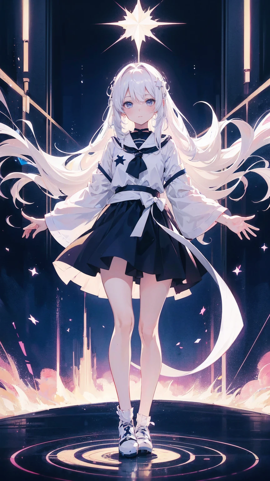 anime girl with long white hair and a star in her hair, White-haired God, Anime girl with space hair, star(null) starry_null, Cute Girl Anime Visual, Splash art anime , White glow, White Hair Girl, Ethereal Anime, akasuki voidstar, Celestial Aura, Nightcore, Anime Moe Art Style, full body height,Cinematic Stills,Score_9,Score_8_up,Score_7_up,Top quality masterpiece,8k,
