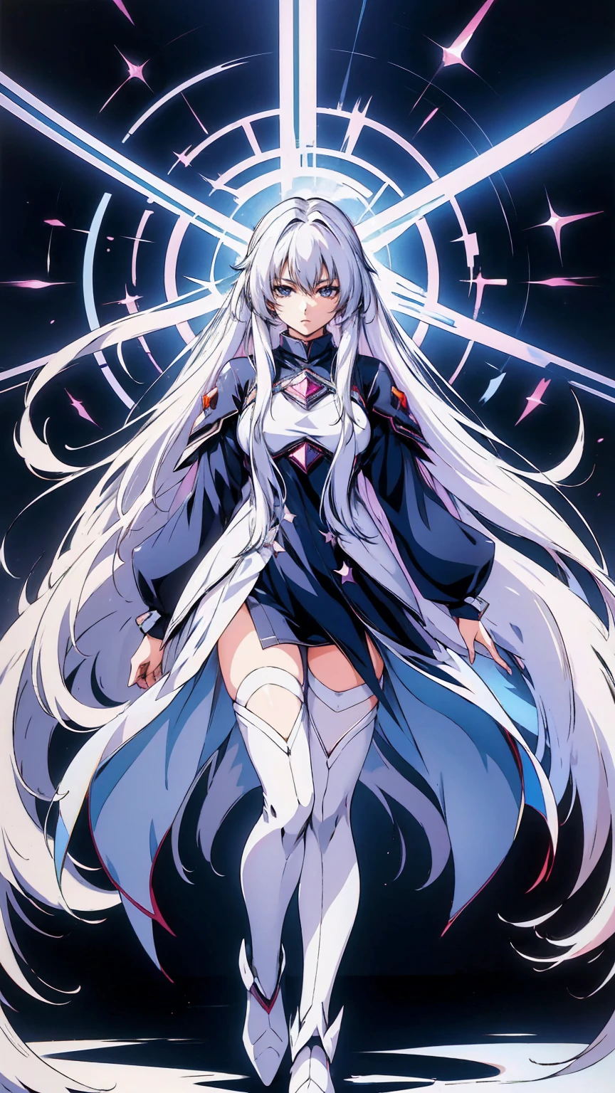 anime girl with long white hair and a star in her hair, White-haired God, Anime girl with space hair, star(null) starry_null, Cute Girl Anime Visual, Splash art anime , White glow, White Hair Girl, Ethereal Anime, akasuki voidstar, Celestial Aura, Nightcore, Anime Moe Art Style, full body height,Cinematic Stills,Score_9,Score_8_up,Score_7_up,Top quality masterpiece,8k,
