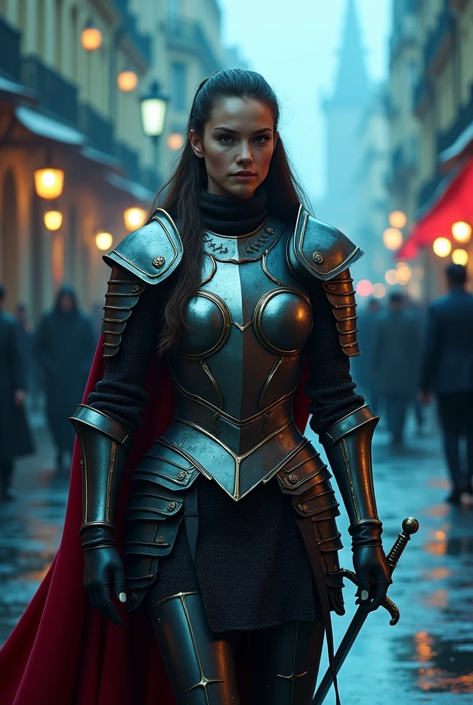 View over the shoulder of a women in armor with a sword in hand facing towards a man who has an empty smile..view form the back of the women and make the man more handsome