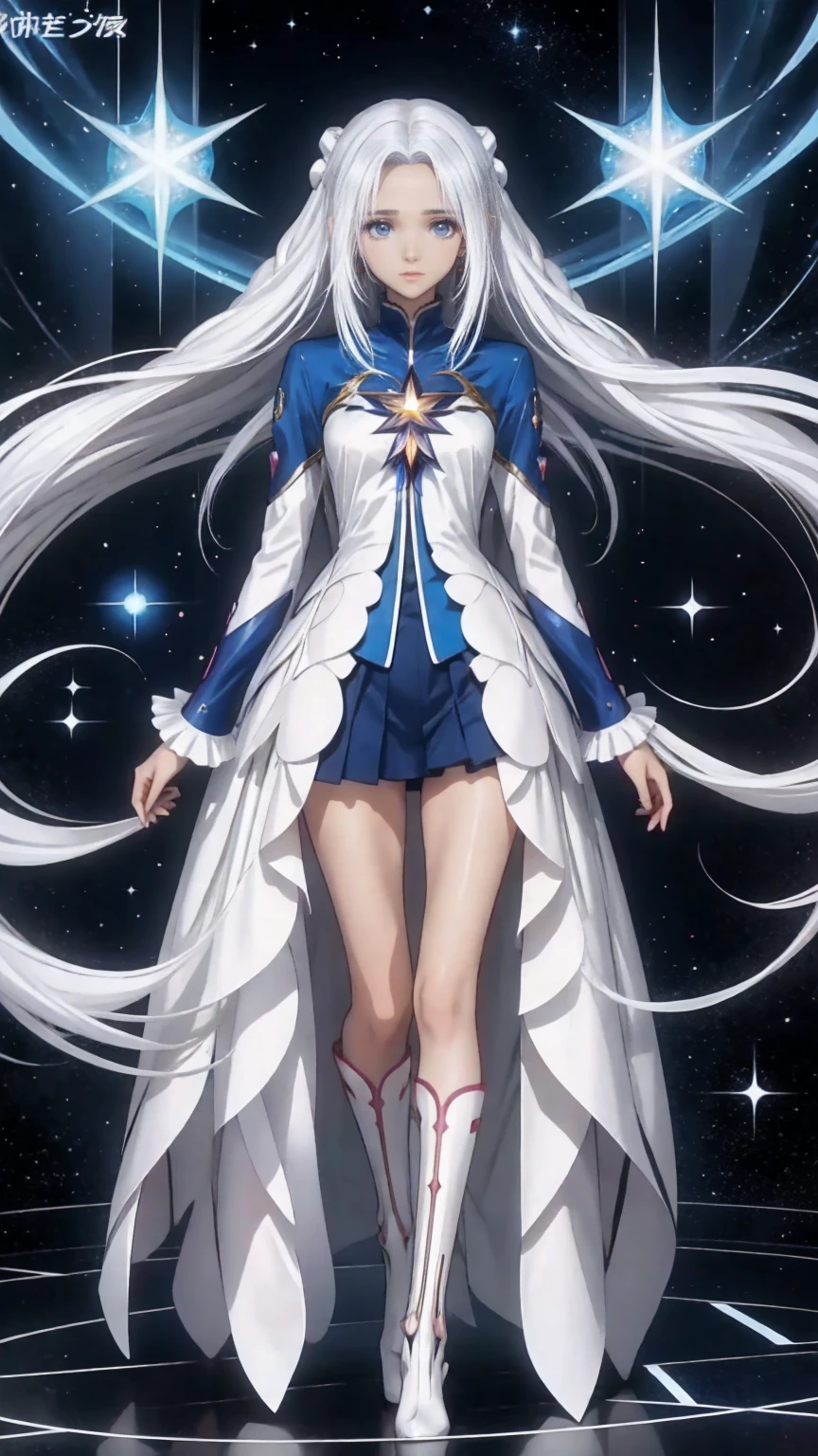 anime girl with long white hair and a star in her hair, White-haired God, Anime girl with space hair, star(null) starry_null, Cute Girl Anime Visual, Splash art anime , White glow, White Hair Girl, Ethereal Anime, akasuki voidstar, Celestial Aura, Nightcore, Anime Moe Art Style, full body height,Cinematic Stills,Score_9,Score_8_up,Score_7_up,Top quality masterpiece,8k,
