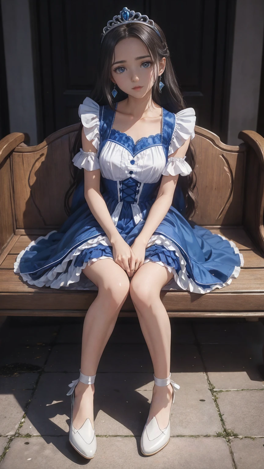 (8k、RAW Photos、Best Quality、masterpiece:1.2)、High quality RAW color photos、Professional photography、Gift Box、Gift Boxを渡すポーズ,Frill dress,Blue Dress,Tiara,Earrings,青い宝石のEarrings,Contact staring at camera,White frills,Straps on shoes,Patent Leather Shoes,White shoes,Blue Dress,lawn,milky way,Shooting Star,Sitting Girl,