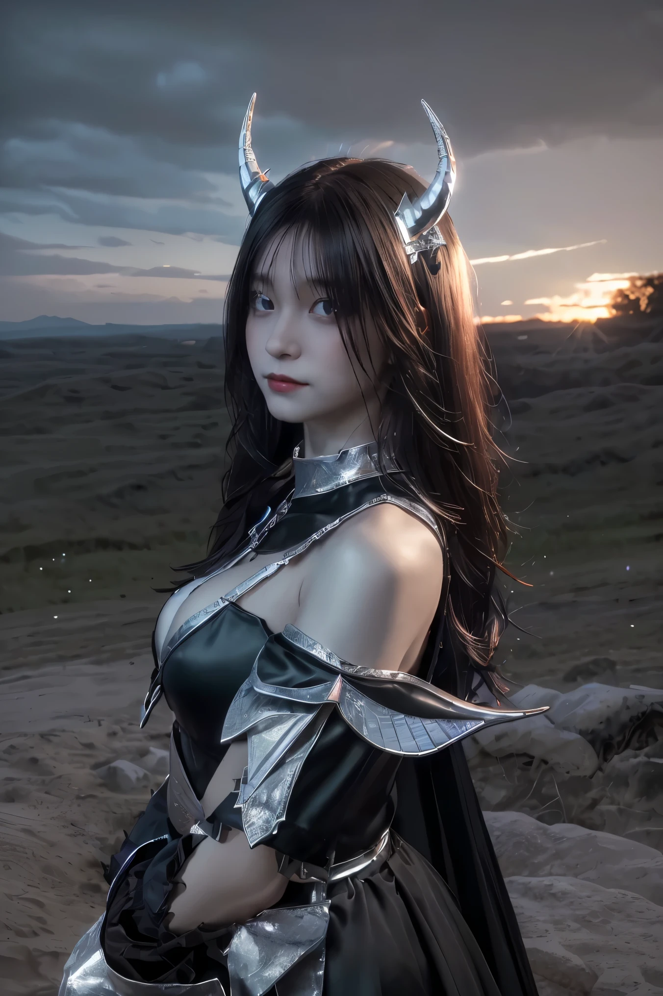 ((masterpiece, best quality, extremely detailed), volumetric lighting, ambient occlusion, colorful, glowing), 1girl, solo, young girl, (dark hair), long hair, horns, aura, devilish, goddess, cleric suit, (black outfit with silver detailst:1.3), devil wings, outdoors, sunset, sky, clouds, space, (fantasy theme:1.2),