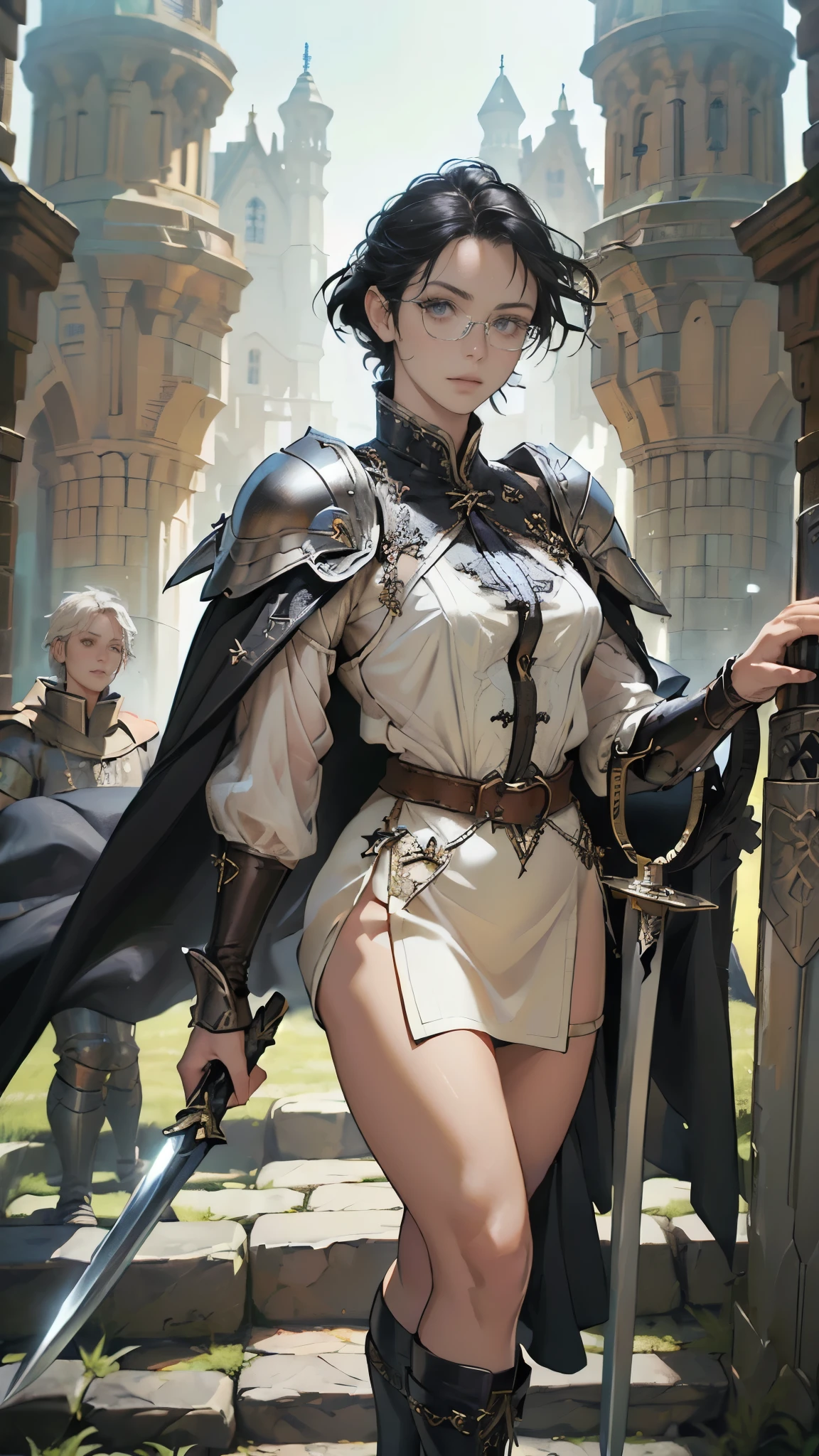 (((((middle age woman))))), masterpiece, ultra detailed, 8k portrait, RAW photo, portrait photography, highly detailed face, ((Fantasy)), 1 woman, solo, (((female knight))), (((standing))), (((((tall woman))))), (((small eyes))), glasses, (((straight black short hair))), (hide eyes long bangs:1.5), (((white skin color))), (((breast armor and see-through micro skirt))), (((black long cloak))) fluttering in the wind, (((high cut iron shoes))), (((equip a long sword and large shield))), Midday Sun, hyper realistic, Body model, Small breasts, Beautiful breasts, (big butt), (thick thighs), Long legs, in the medieval adventurer's guild, Ambient lighting, Shadow details, Camera focus on face, strong breeze, Light fog