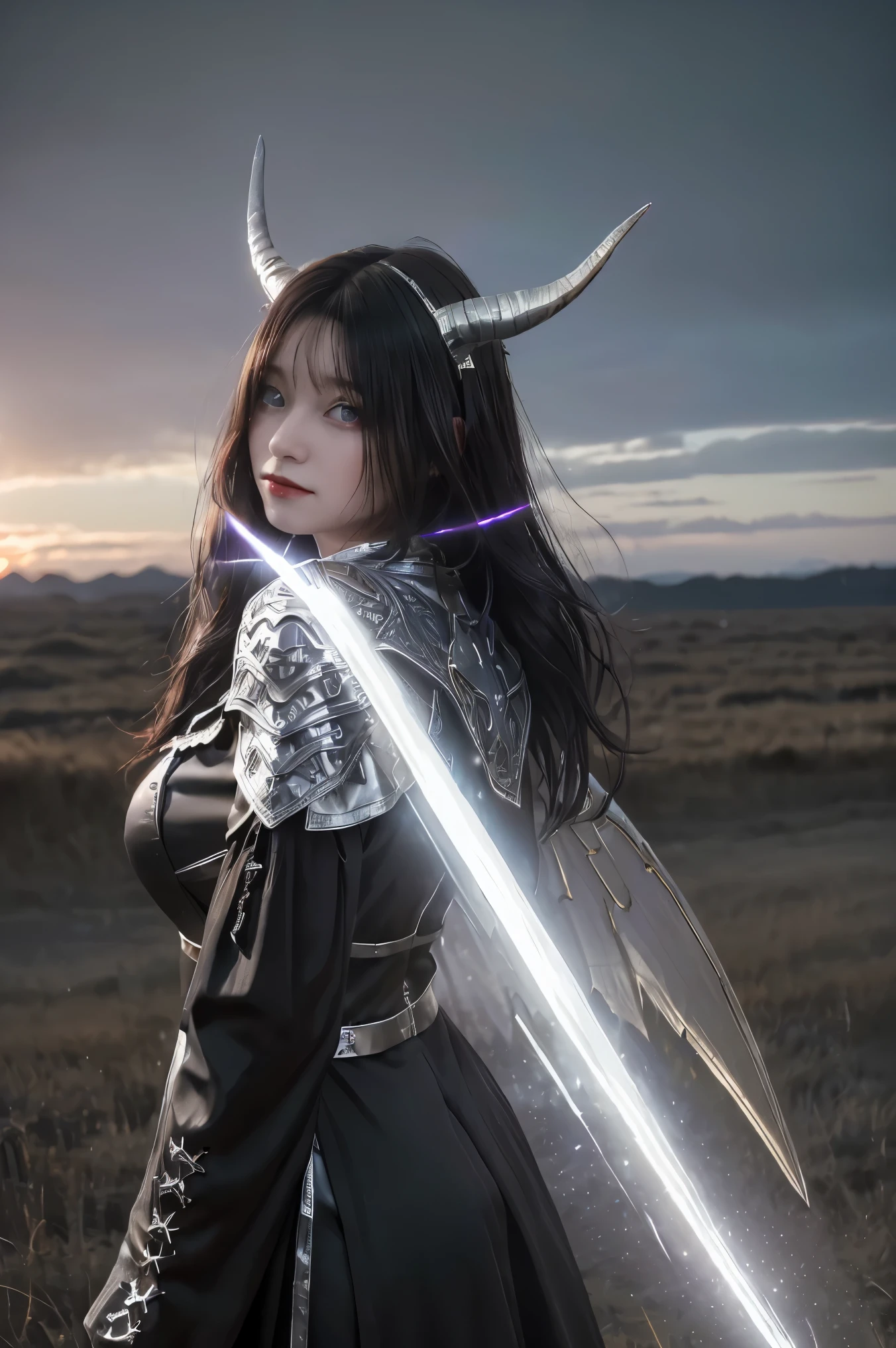 ((masterpiece, best quality, extremely detailed), volumetric lighting, ambient occlusion, colorful, glowing), 1girl, solo, young girl, (dark hair), long hair, horns, aura, devilish, goddess, cleric suit, (black outfit with silver detailst:1.3), devil wings, outdoors, sunset, sky, clouds, space, (fantasy theme:1.2),