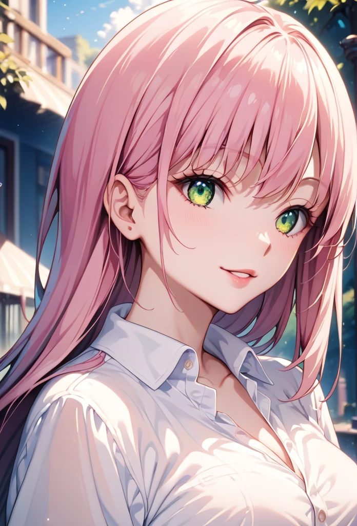 score_9, score_8_up, score_7_up, score_6_up, score_5_up, score_4_up, (source_anime), 1 girl, pink hair, middle straight hair, vibrant green eyes, upper body  focus, (white shirt)