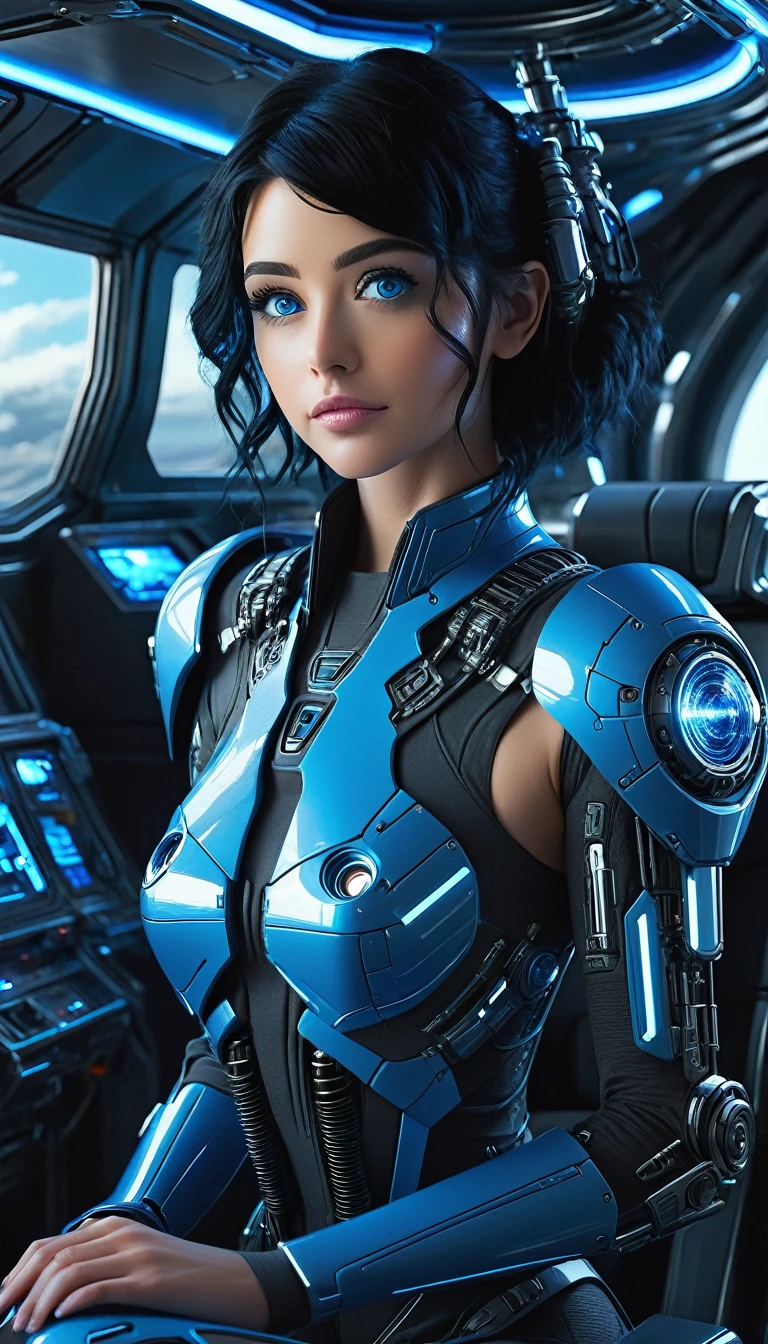 woman, Mechanical Blue Body ，Best Quality, masterpiece 8k,Futuristic blue lit spaceship interior，サイバーブルースーツを着たwoman，Black Hair，blue eyes，Shortcuts, Best Quality, High resolution, , blue eyes, 