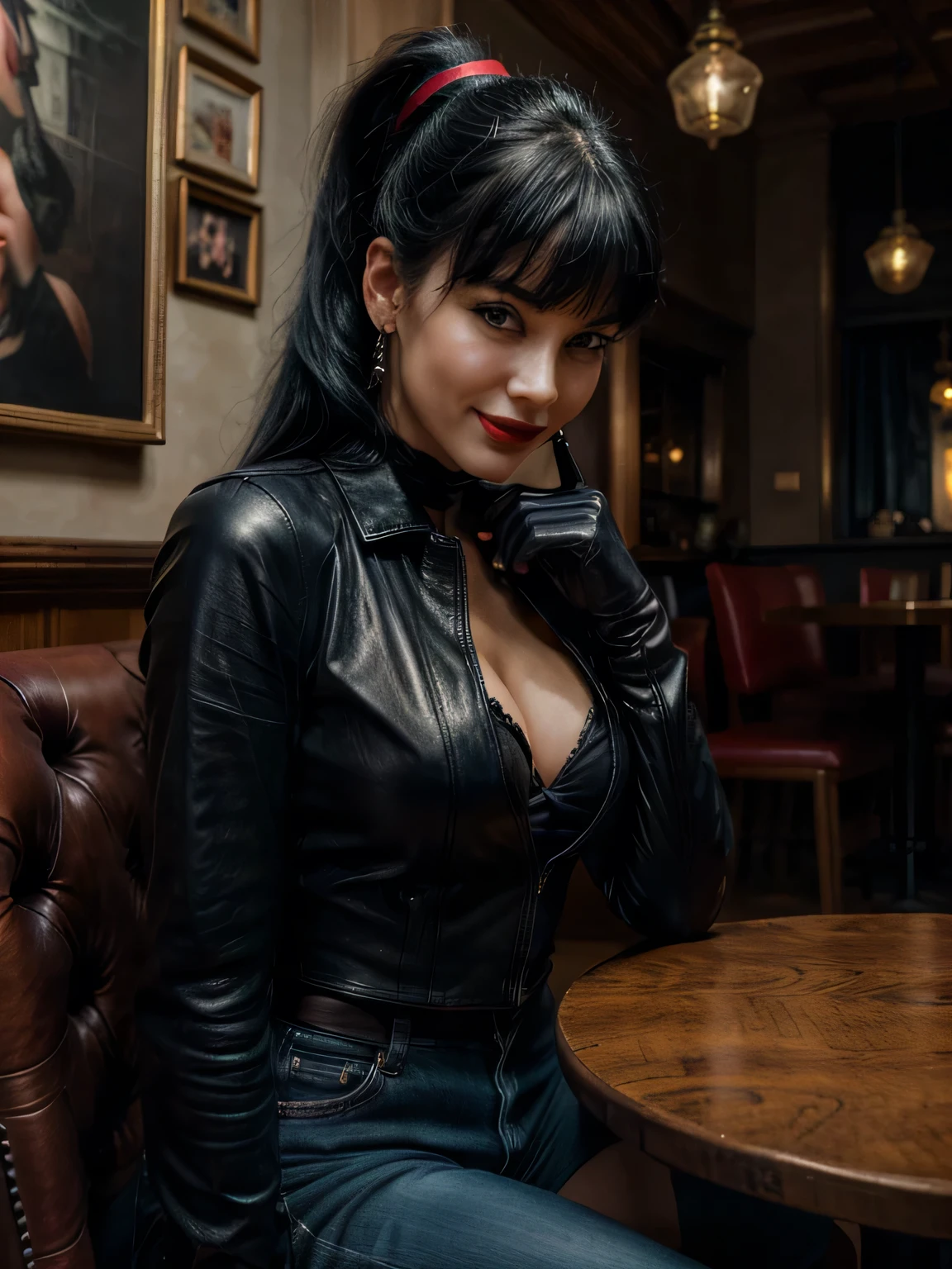 ((best quality)), ((masterpiece)), (detailed), perfect face tall skinny smiling Bettie Page wearing blue jeans, ponytail black hair, red lipstick ,((black gloves)),leather jacket and a white shirt sitting down on a chair alone in a cafe at night shot on kodak 400,The image, realistic hyper-detailed photo captured in stunning Ultra HD, 8k resolution, Nikon D850, — style raw — c 10 — ar 2:3 — s 250V