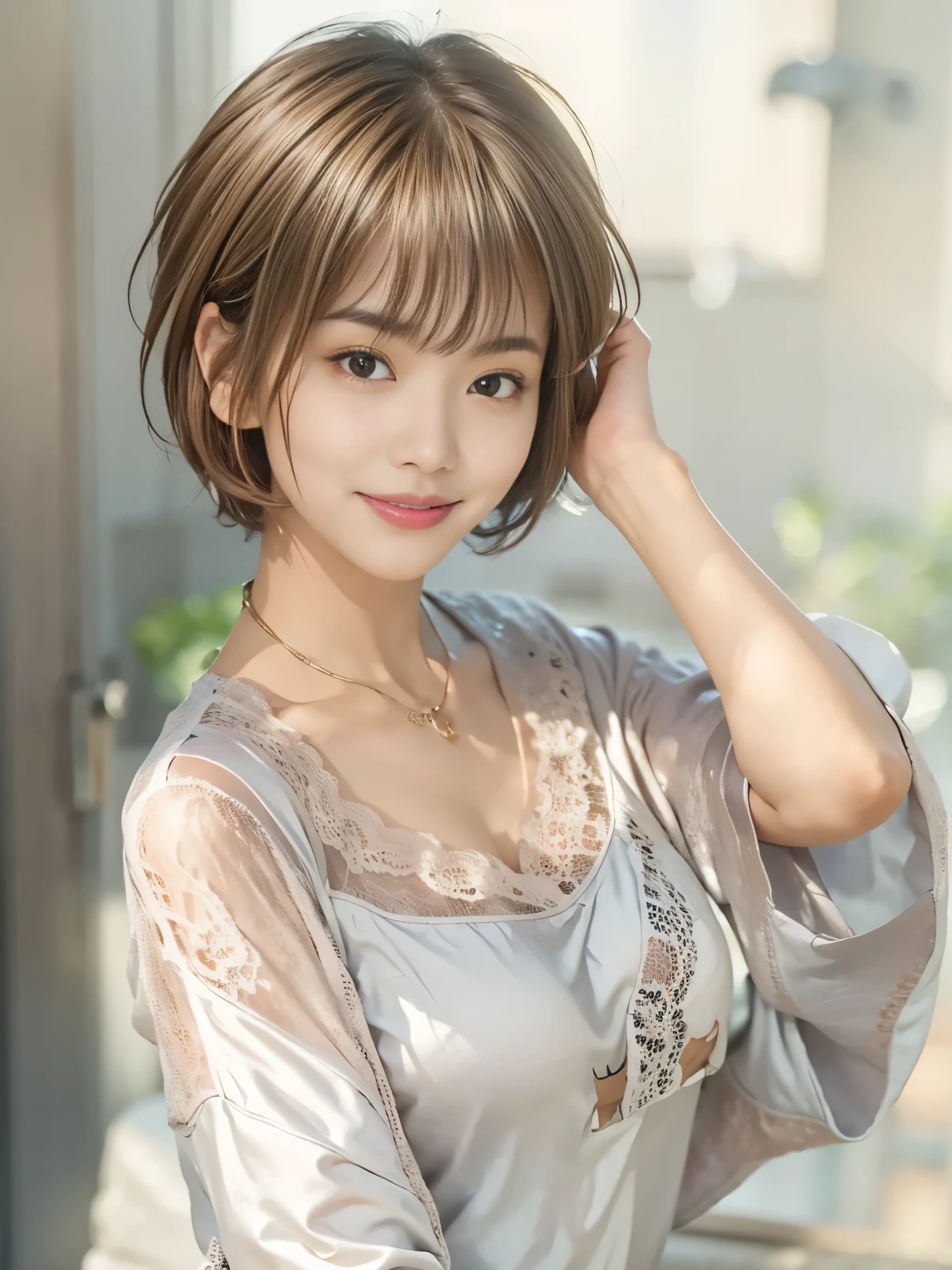 Best Quality、8k、 Compensate、masterpiece、アなphotograph、Ultra-high resolution、Realistic、Professional Lighting、Natural Light、photograph、smile、Ultra slim、Slender body、Very cute、Idol Class、White skin、(Very short hair:1.6)、Brown Hair、Leaning forward:1.6、The chest is visible:1.8、Woman in sexy pajamas:1.6