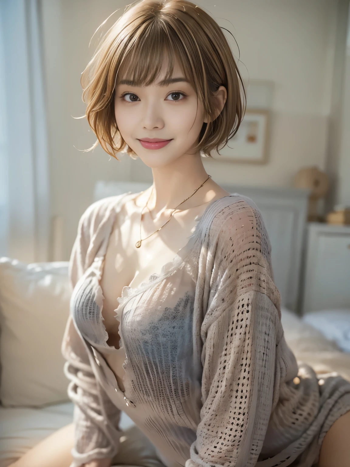 Best Quality、8k、 Compensate、masterpiece、アなphotograph、Ultra-high resolution、Realistic、Professional Lighting、Natural Light、photograph、smile、Ultra slim、Slender body、Very cute、Idol Class、White skin、(Very short hair:1.6)、Brown Hair、Leaning forward:1.6、The chest is visible:1.8、Woman in sexy pajamas:1.6