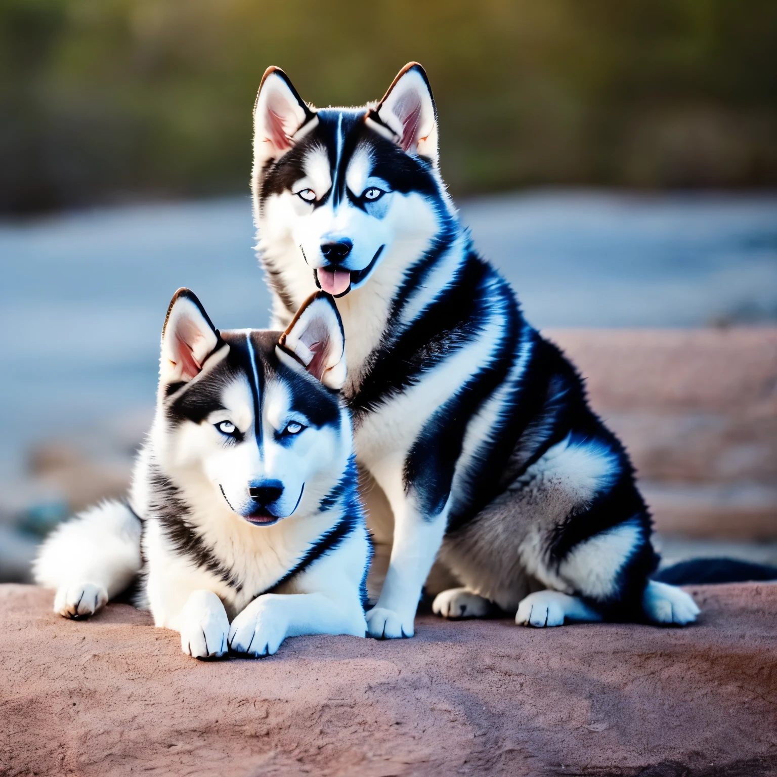 A friendly Siberian Husky sits on all fours, looking directly at the camera with his lively, blue, friendly eyes as he appears to be smiling at the camera. Full body image. White image background.