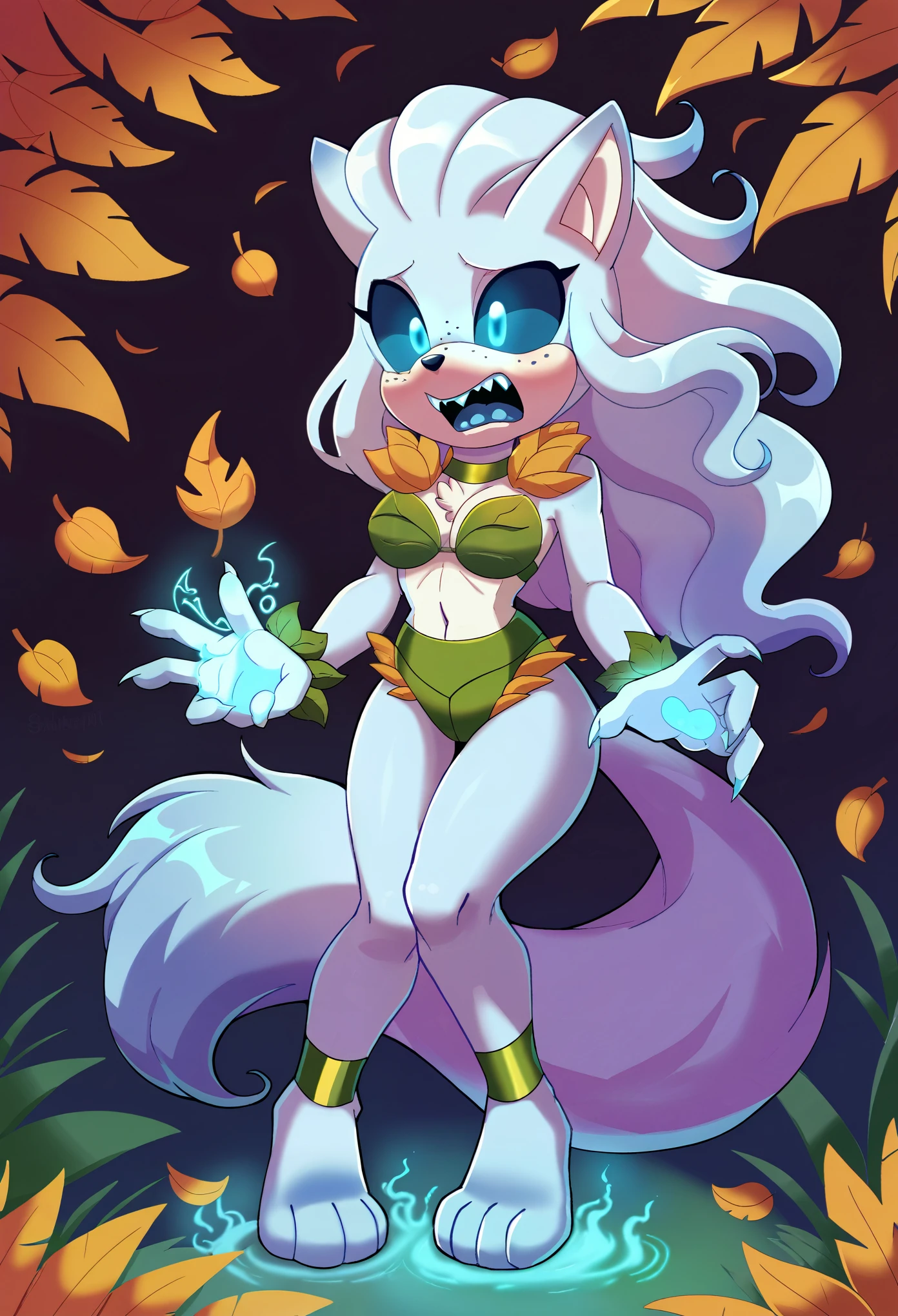 female, Alolan Ninetales, Mobian, minimalistic green leaf bikini, exposed midriff, woven leaves, natural design, elegant, vines manipulation, leaf control, freezing mist, ice powers, nature-themed, mystical, flowing hair, graceful, icy aura, nine tails, delicate features, Light blue eyes, black sclera, detailed face, extremely detailed eyes, masterpiece, 4k, 8k, high-res, ultra-detailed, physically-based rendering, vivid colors, studio lighting cinematic lighting, dramatic lighting, fantasy, dramatic composition, dynamic pose, volumetric lighting, Nice ass, C-cups, shapely figure, sharp teeth, long fangs, vampire fangs, sharp fangs, fur collar, cloud-like fur around neck, wrapped fur around neck, snug fit, soft fur, Blue fluffy fur, glowing runes, ethereal runes, rune-covered body,  Verdant Green hair bow, verdant green choker, tight choker, magical leaves, floating leaves, glowing leaves, magical aura, enchanted markings, nature magic, intricate details, glowing magical energy, Ethereal runes, glowing eyes, freckles, mystical forest, breathtaking scenery, shy expression, frown, scared expression, scared, Full body