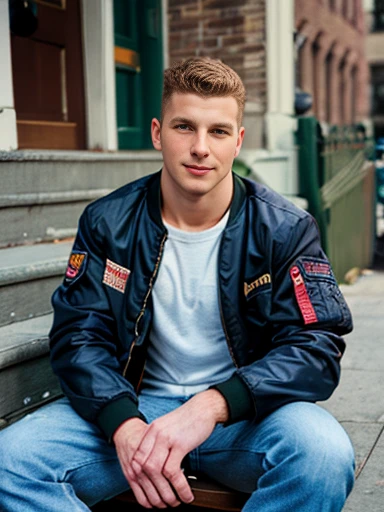 cinematic film still, 35mm film, 1man, wearing bomber jacket and shirt and jeans, relaxed expression, sitting on stoop, brooklyn new york,