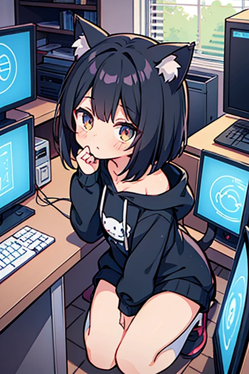 ,Cropped white hooded sweatshirt, short hair, blue eyes , sitting in a gaming chair, Messy room with clothes