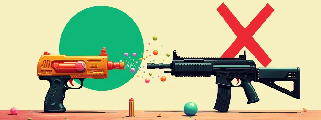 On the right is a toy gun that shoots bubbles and a big green ⭕️, and on the left is a machine gun that shoots bullets and a big red ❌.